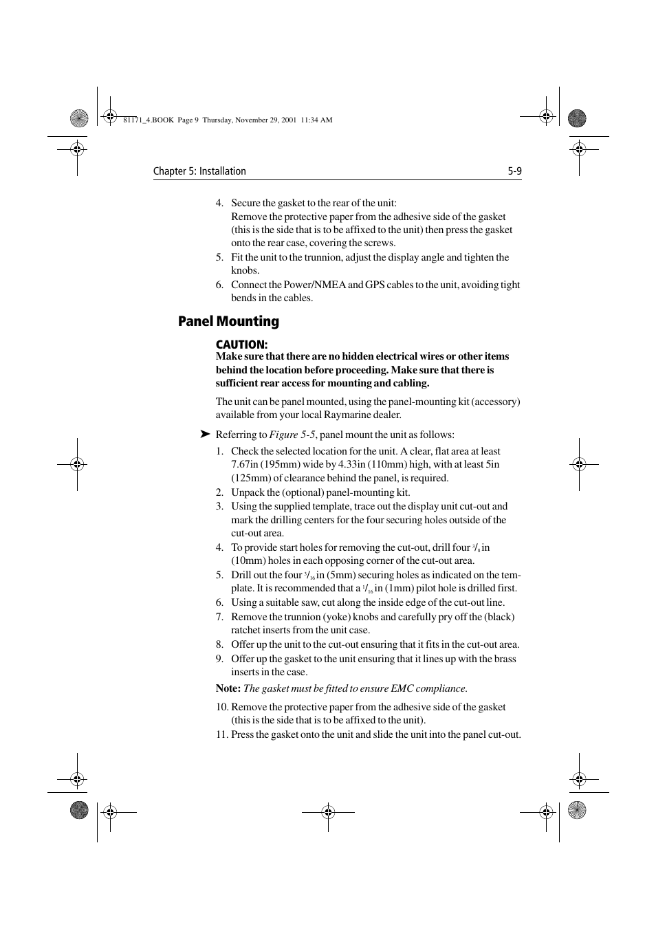 Panel mounting, Panel mounting -9 | Raymarine GPS Plotter User Manual | Page 100 / 131