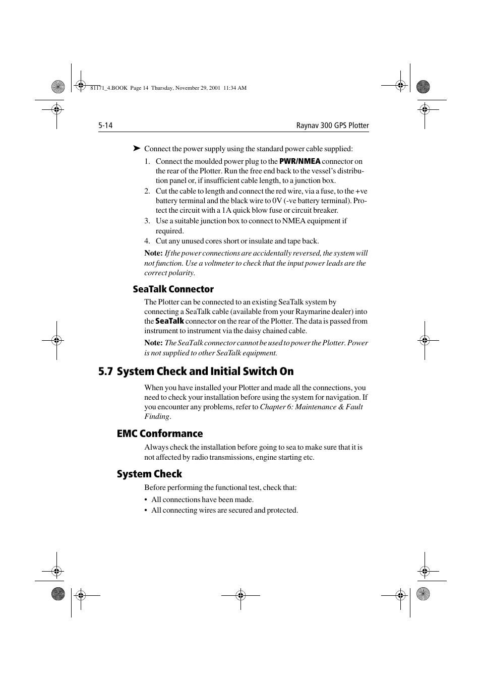 Seatalk connector, 7 system check and initial switch on, Emc conformance | System check, 7 system check and initial switch on -14, Emc conformance -14 system check -14 | Raymarine GPS Plotter User Manual | Page 105 / 131