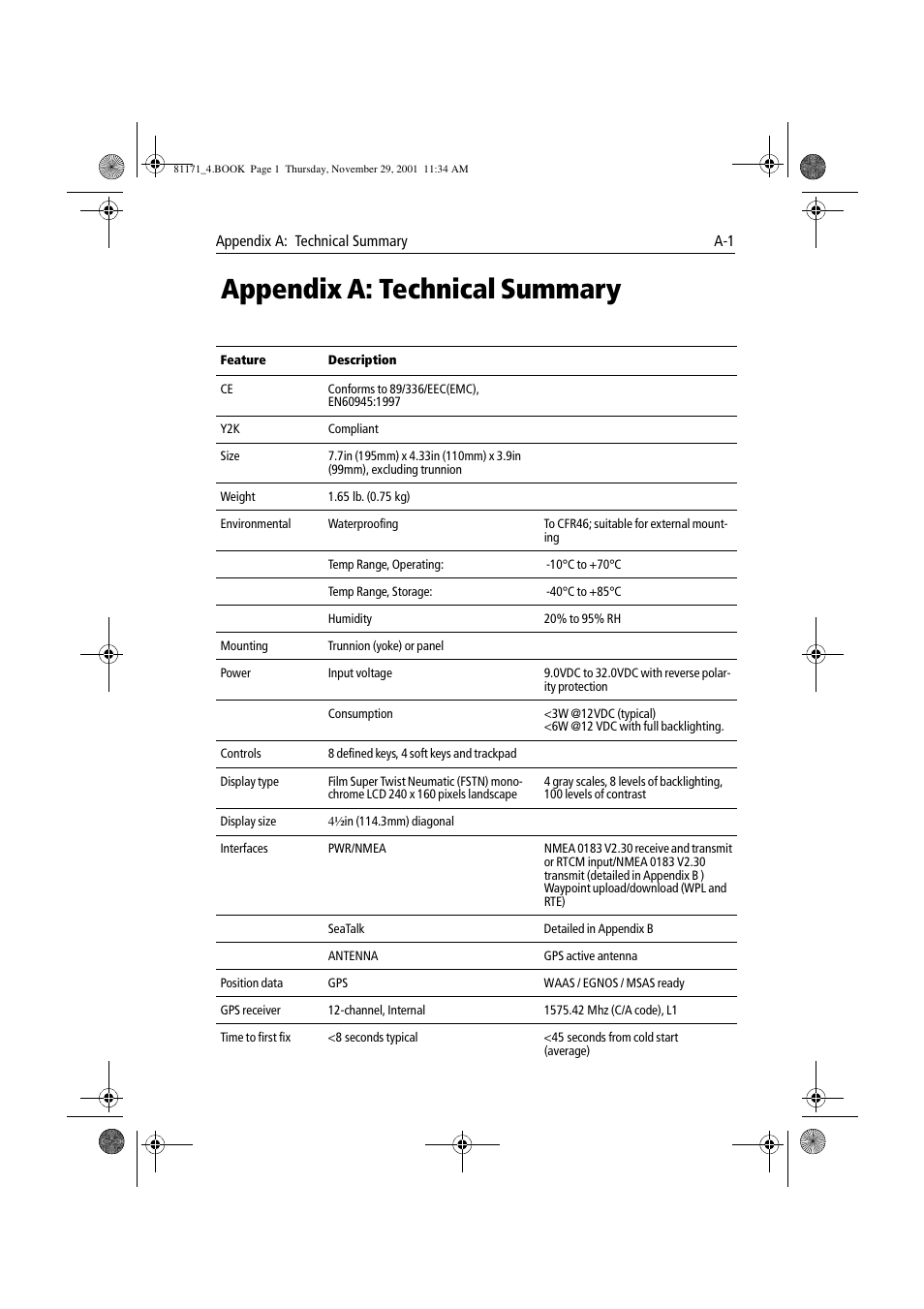 Appendix a: technical summary, Appendix a: technical summary | Raymarine GPS Plotter User Manual | Page 112 / 131