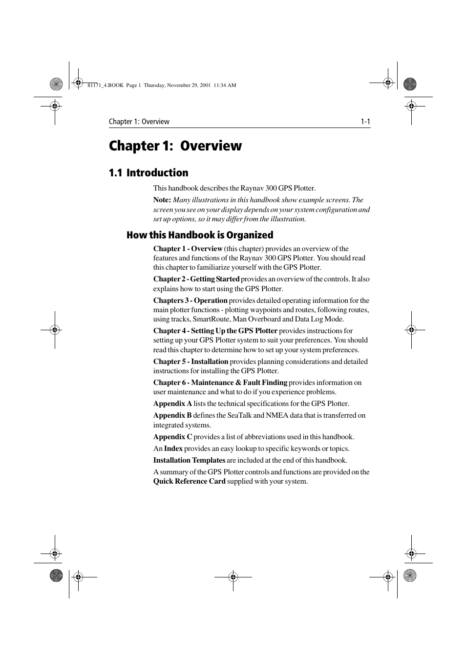 Chapter 1: overview, 1 introduction, How this handbook is organized | Chapter 1, Overview -1 1.1 introduction -1, How this handbook is organized -1 | Raymarine GPS Plotter User Manual | Page 12 / 131