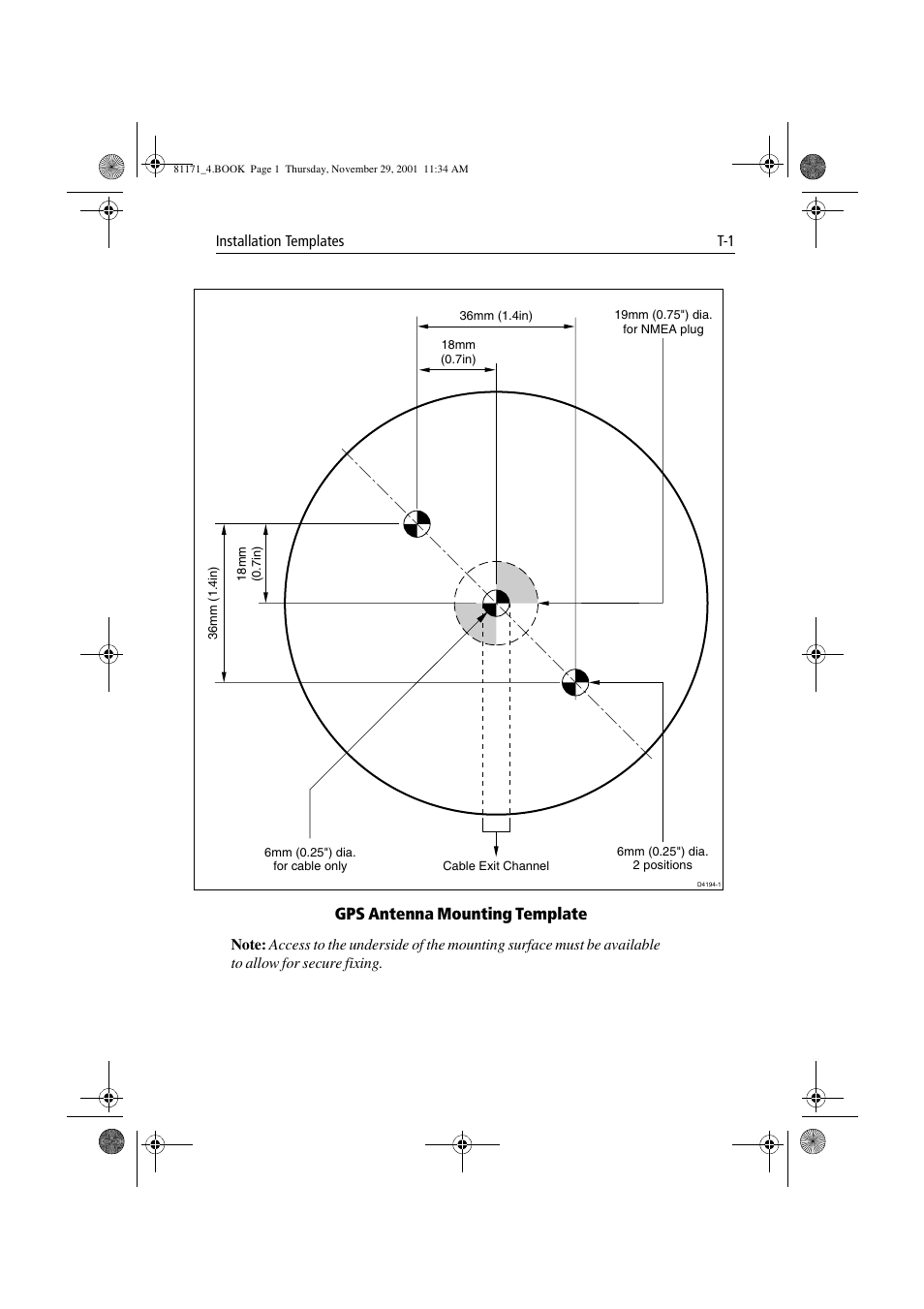 Gps antenna mounting template | Raymarine GPS Plotter User Manual | Page 120 / 131