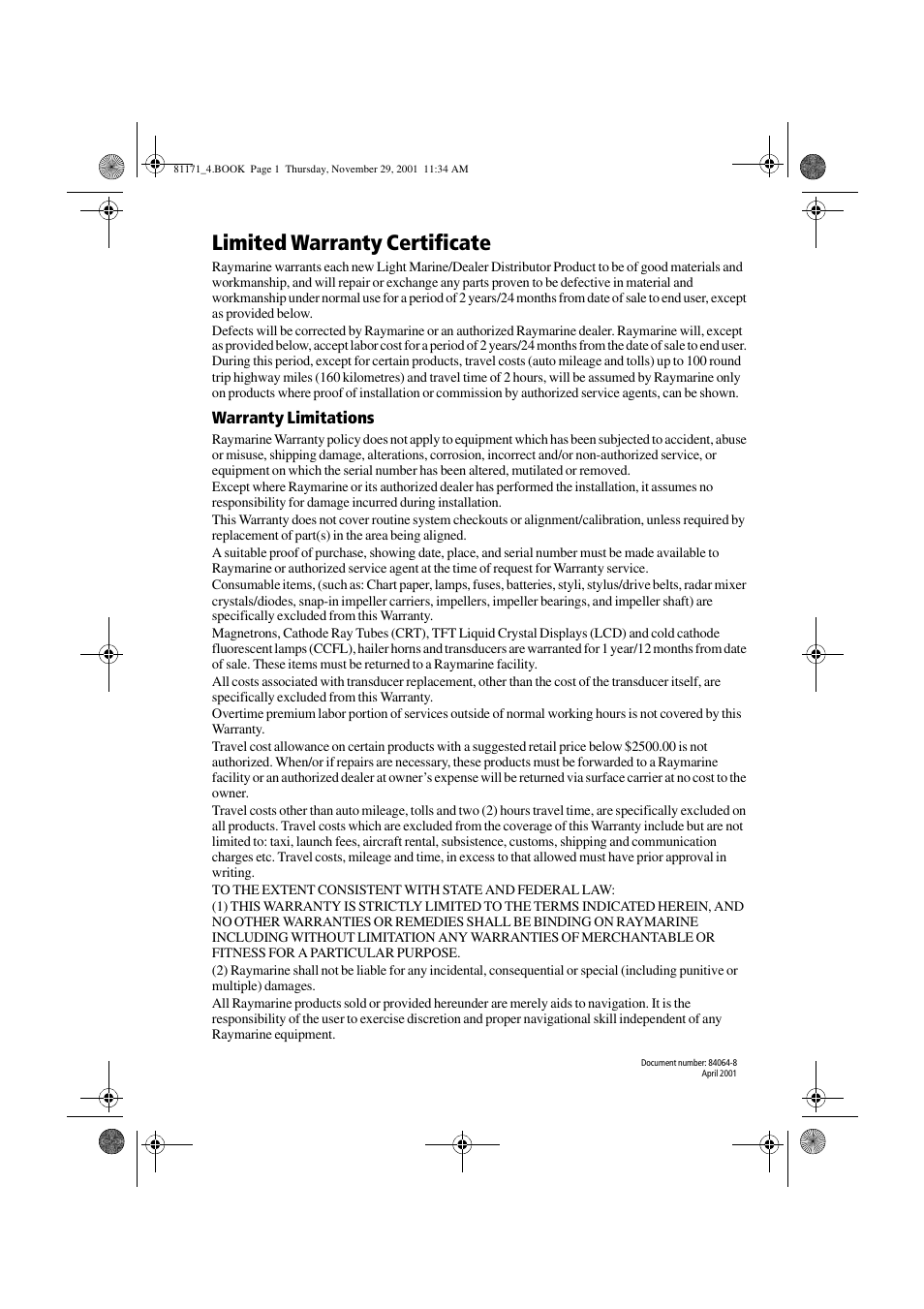 Limited warranty certificate | Raymarine GPS Plotter User Manual | Page 130 / 131