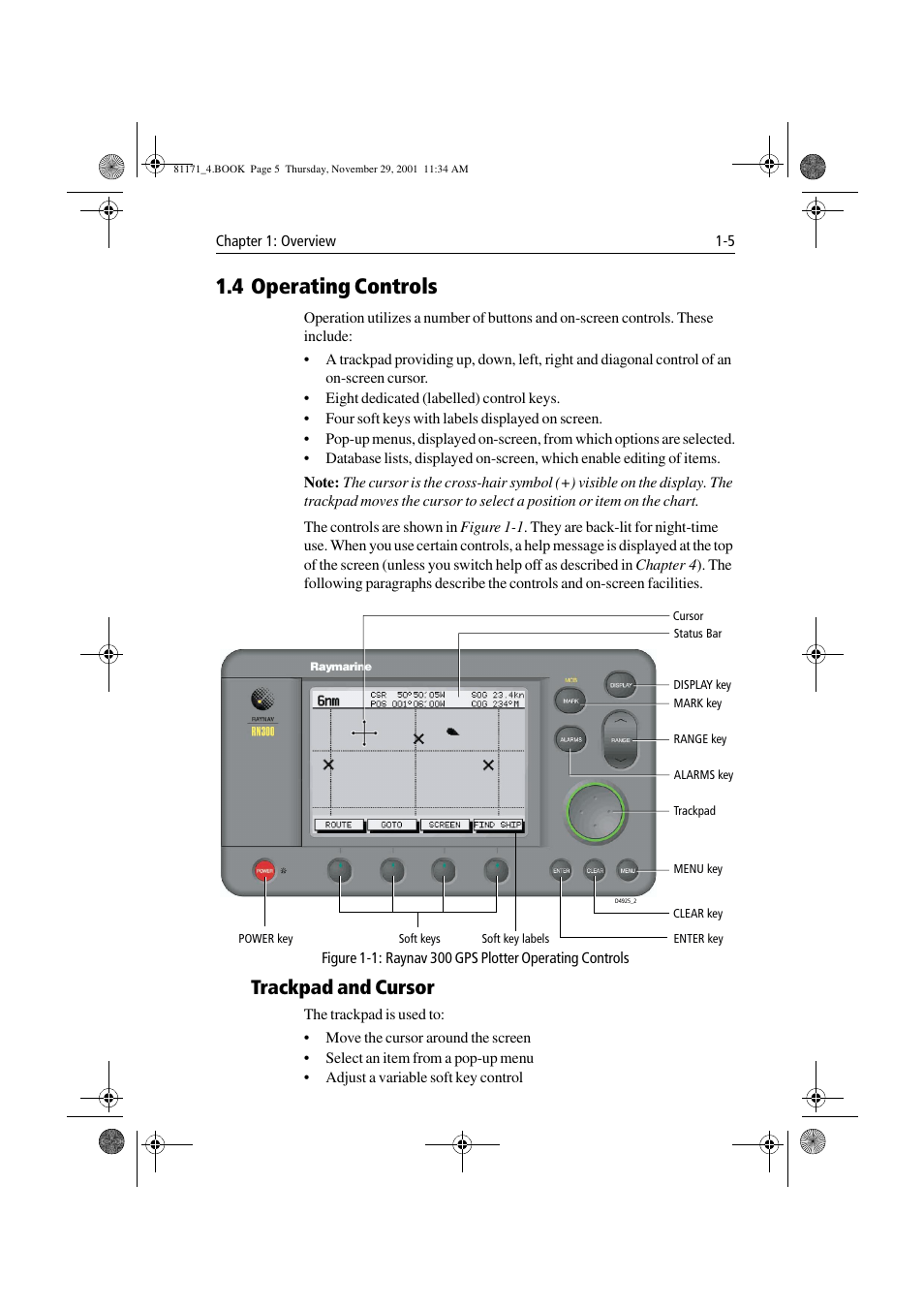 4 operating controls, Trackpad and cursor, 4 operating controls -5 | Trackpad and cursor -5 | Raymarine GPS Plotter User Manual | Page 16 / 131