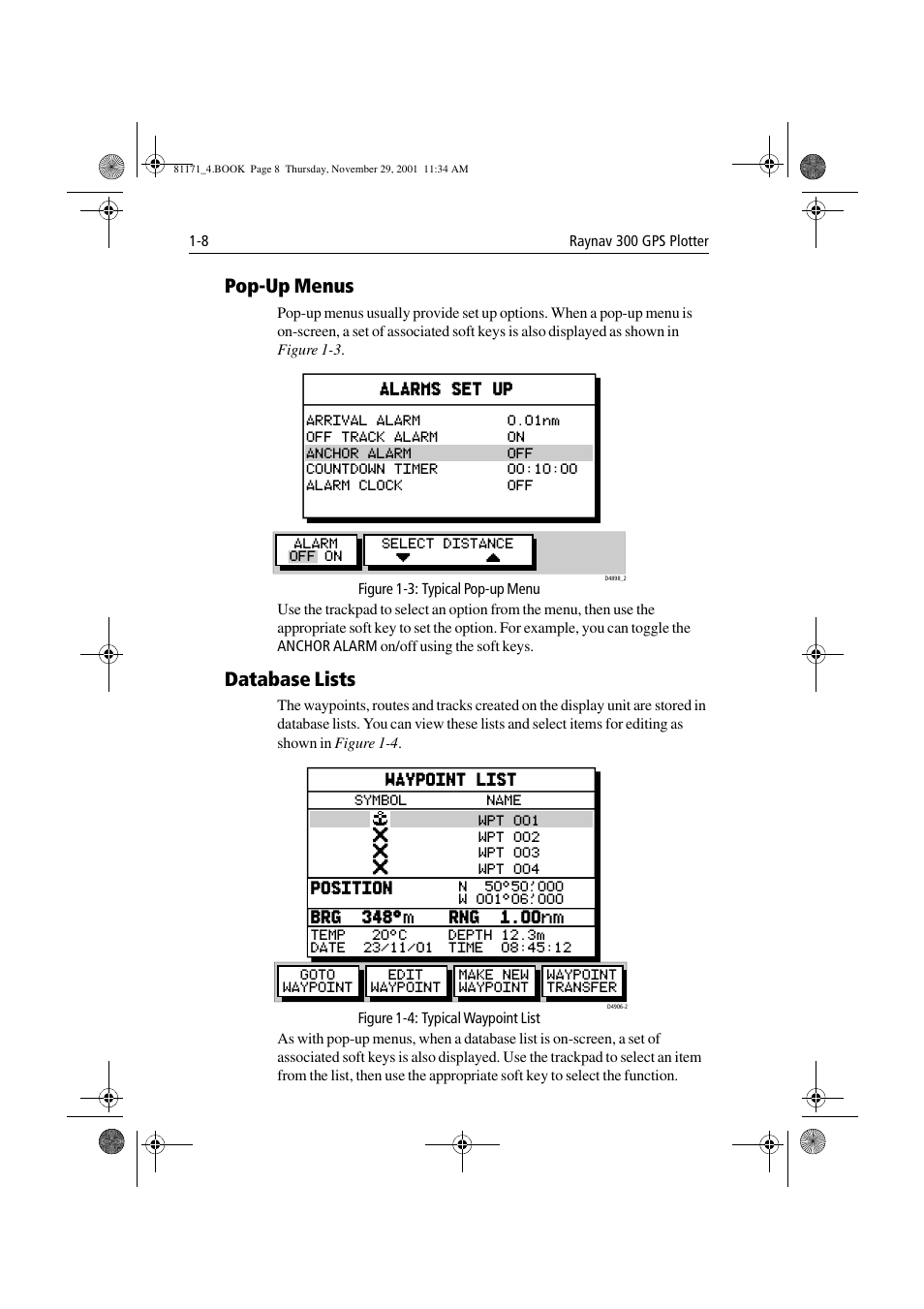 Pop-up menus, Figure 1-3: typical pop-up menu, Database lists | Figure 1-4: typical waypoint list, Pop-up menus -8 database lists -8, Alarms set up | Raymarine GPS Plotter User Manual | Page 19 / 131