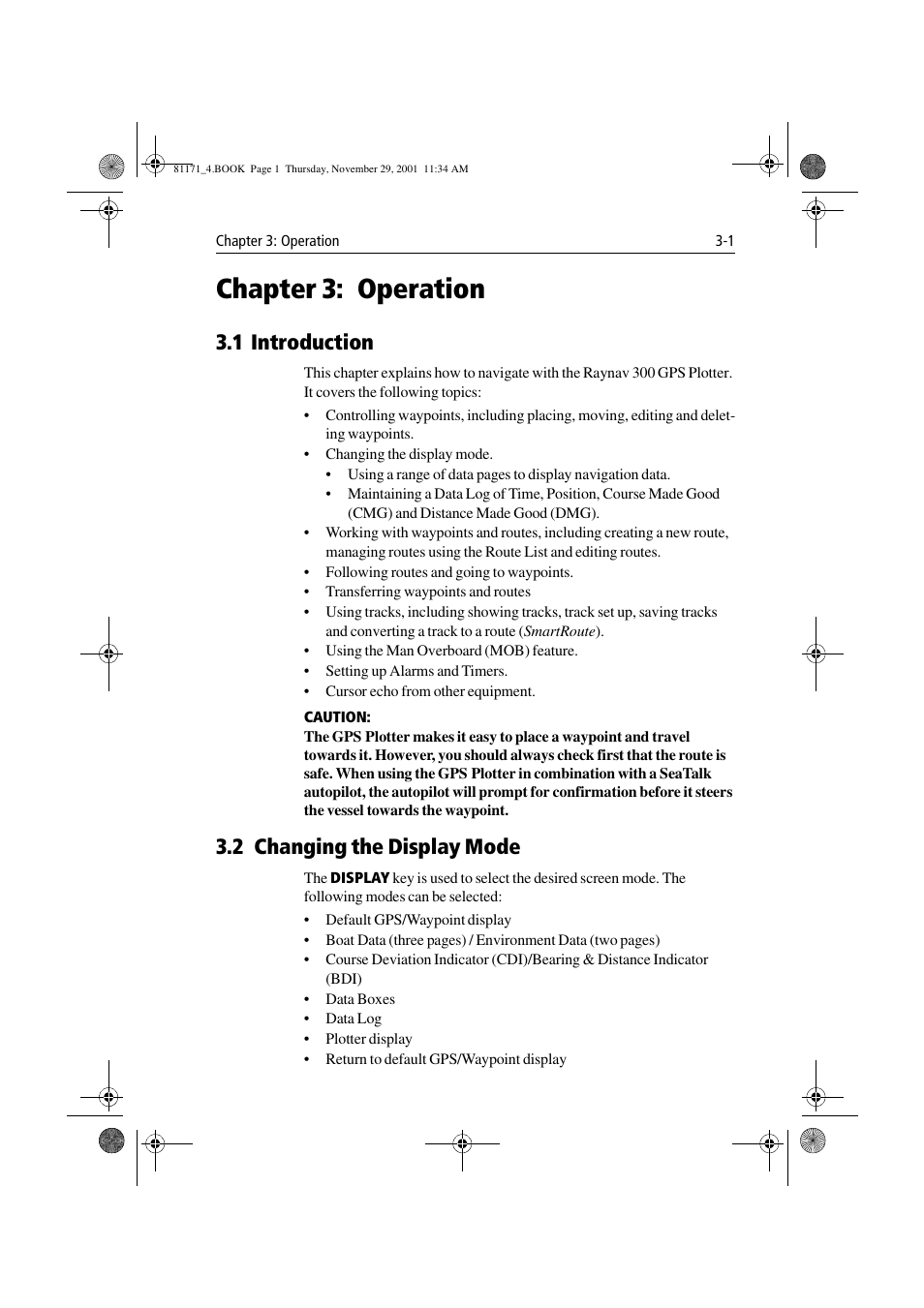 Chapter 3: operation, 1 introduction, 2 changing the display mode | Chapter 3, Changing the display mode | Raymarine GPS Plotter User Manual | Page 30 / 131