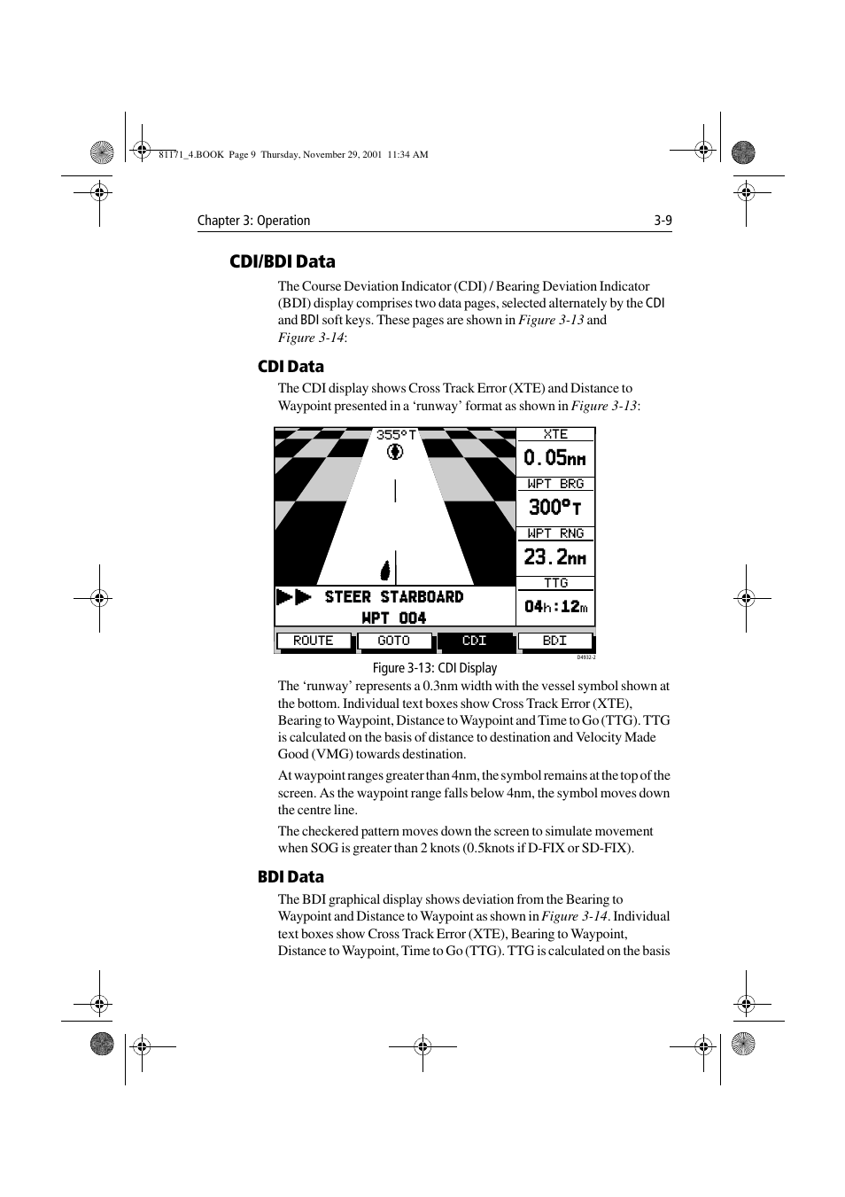 Cdi/bdi data, Cdi data, Figure 3-13: cdi display | Bdi data, Cdi/bdi data -9 | Raymarine GPS Plotter User Manual | Page 38 / 131