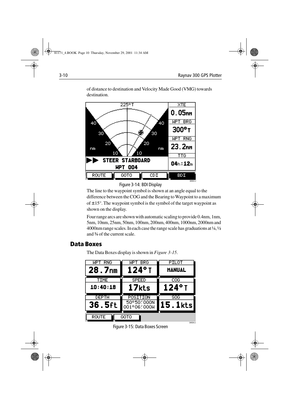 Figure 3-14: bdi display, Data boxes, Figure 3-15: data boxes screen | Data boxes -10, Figure 3-14, Figure 3-14 . indi | Raymarine GPS Plotter User Manual | Page 39 / 131