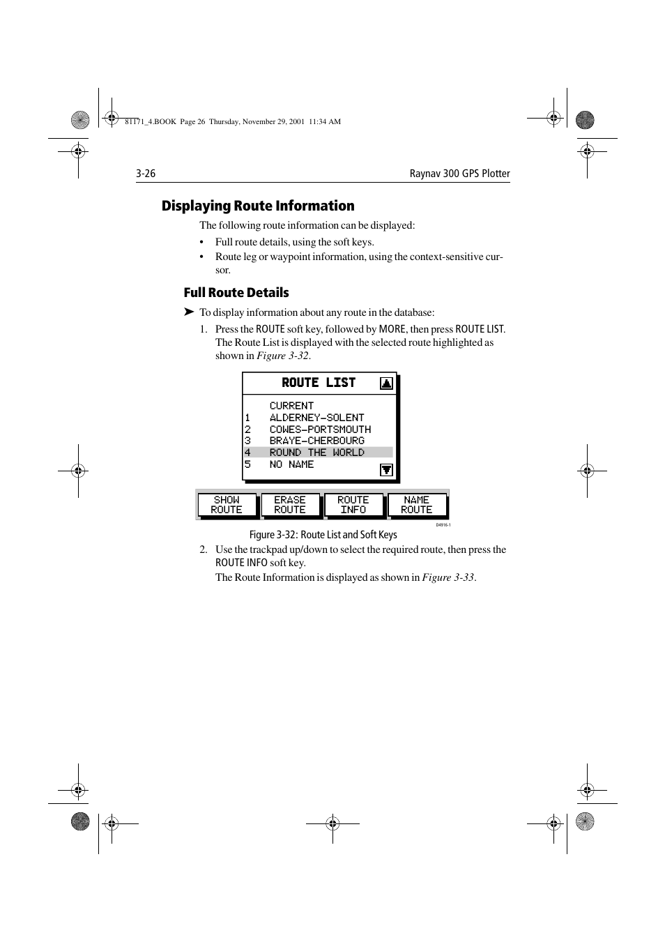 Displaying route information, Full route details, Figure 3-32: route list and soft keys | Displaying route information -26 | Raymarine GPS Plotter User Manual | Page 55 / 131
