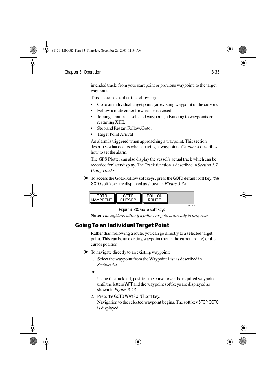 Figure 3-38: goto soft keys, Going to an individual target point, Going to an individual target point -33 | Raymarine GPS Plotter User Manual | Page 62 / 131