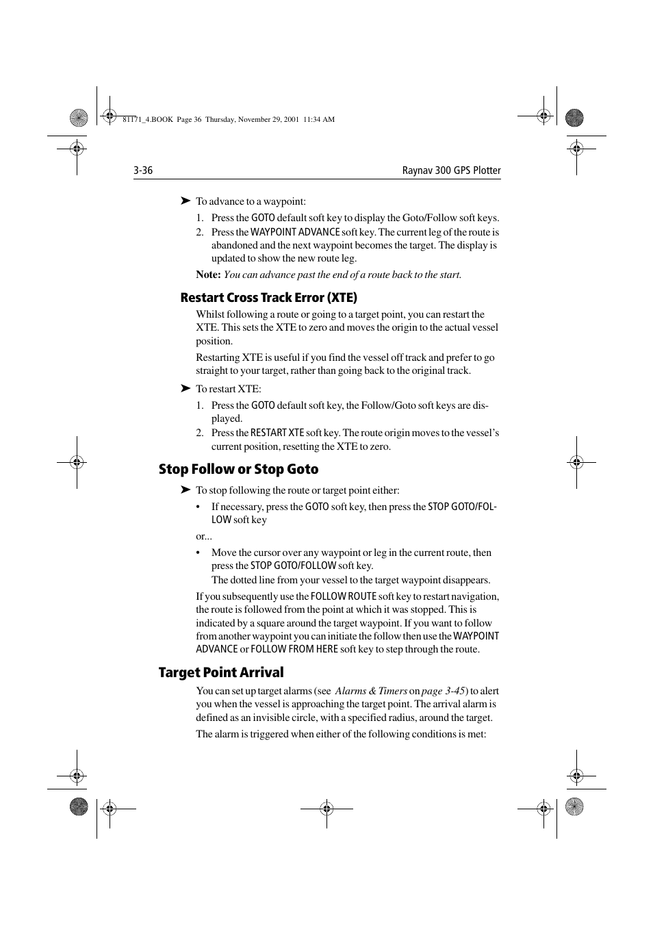 Restart cross track error (xte), Stop follow or stop goto, Target point arrival | Raymarine GPS Plotter User Manual | Page 65 / 131