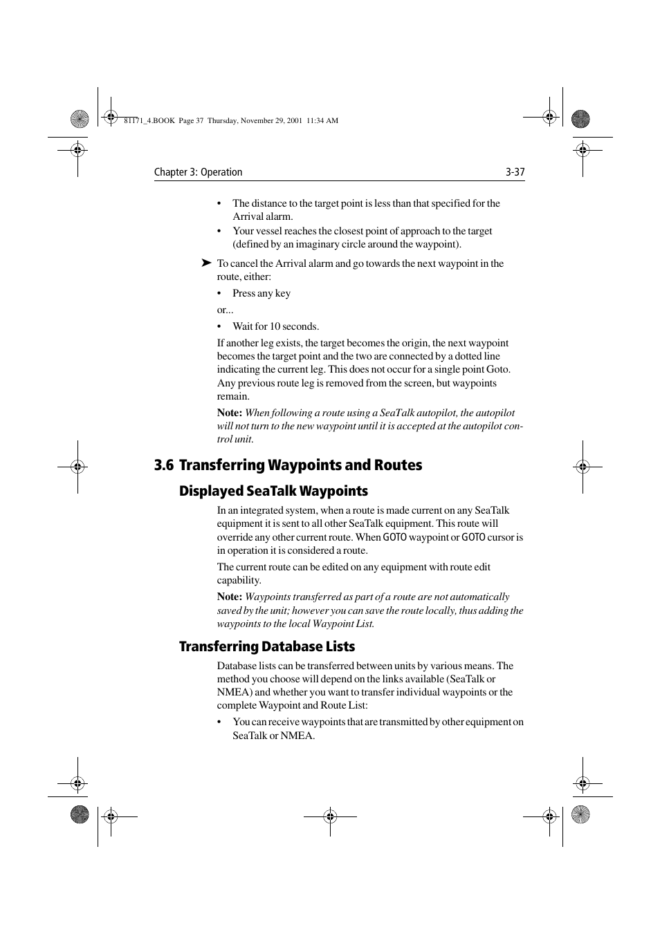 6 transferring waypoints and routes, Displayed seatalk waypoints, Transferring database lists | 6 transferring waypoints and routes -37 | Raymarine GPS Plotter User Manual | Page 66 / 131