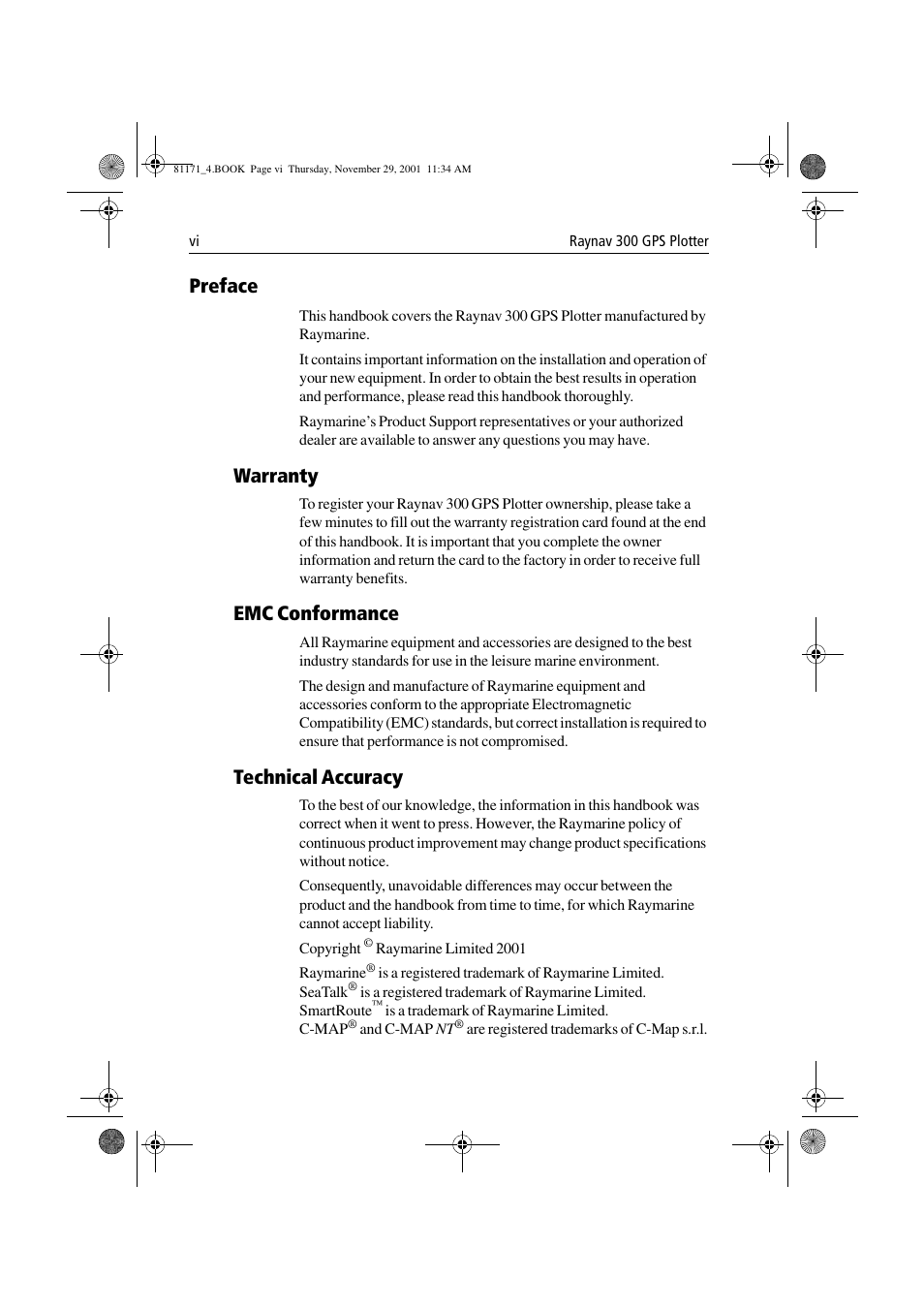 Preface, Warranty, Emc conformance | Technical accuracy | Raymarine GPS Plotter User Manual | Page 7 / 131