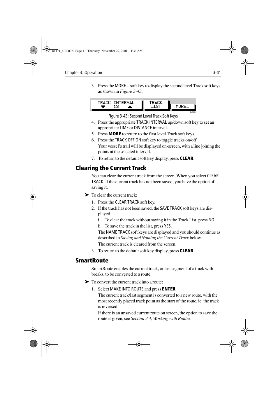Figure 3-43: second level track soft keys, Clearing the current track, Smartroute | Clearing the current track -41 smartroute -41 | Raymarine GPS Plotter User Manual | Page 70 / 131