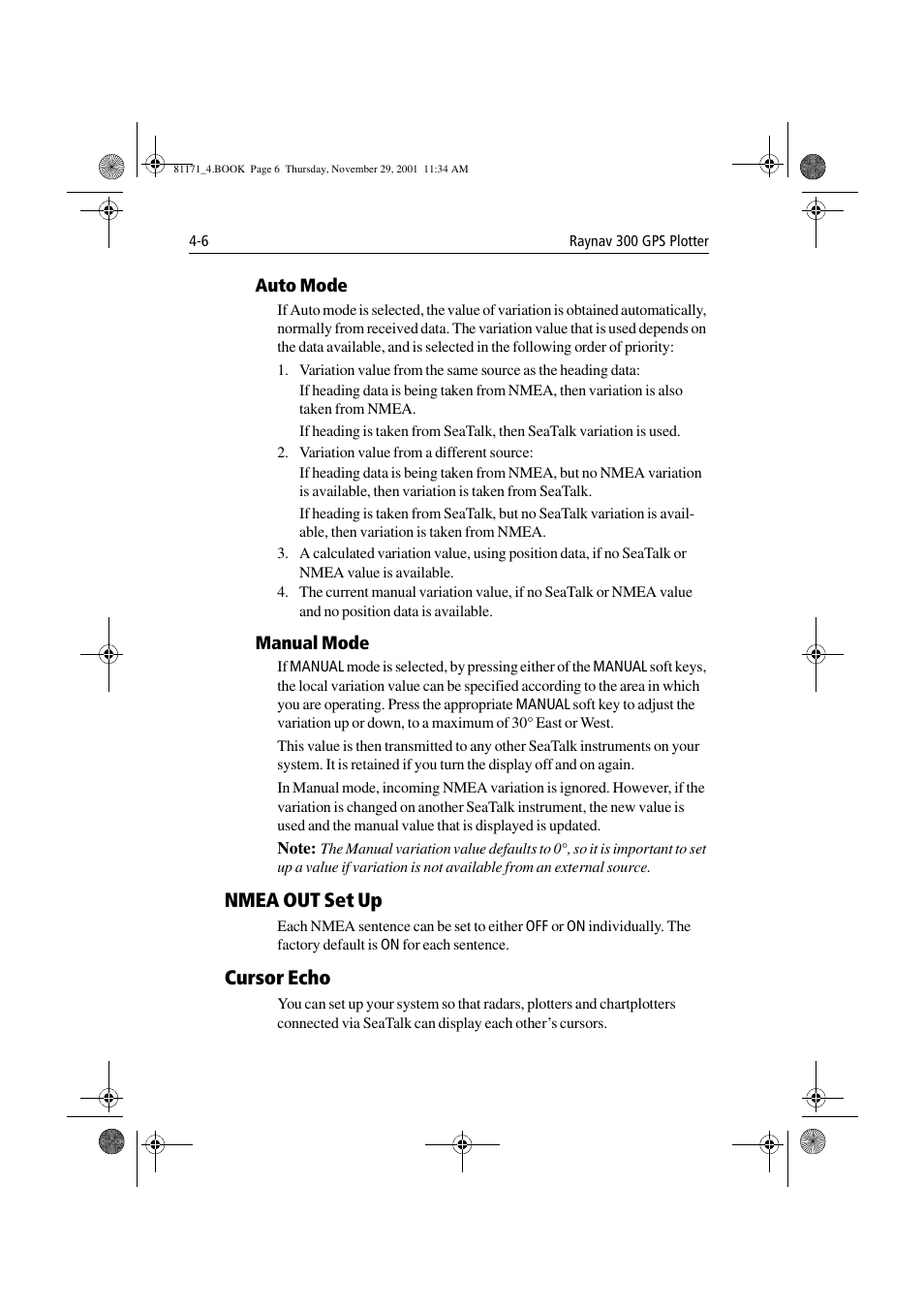 Auto mode, Manual mode, Nmea out set up | Cursor echo, Nmea out set up -6 cursor echo -6 | Raymarine GPS Plotter User Manual | Page 83 / 131