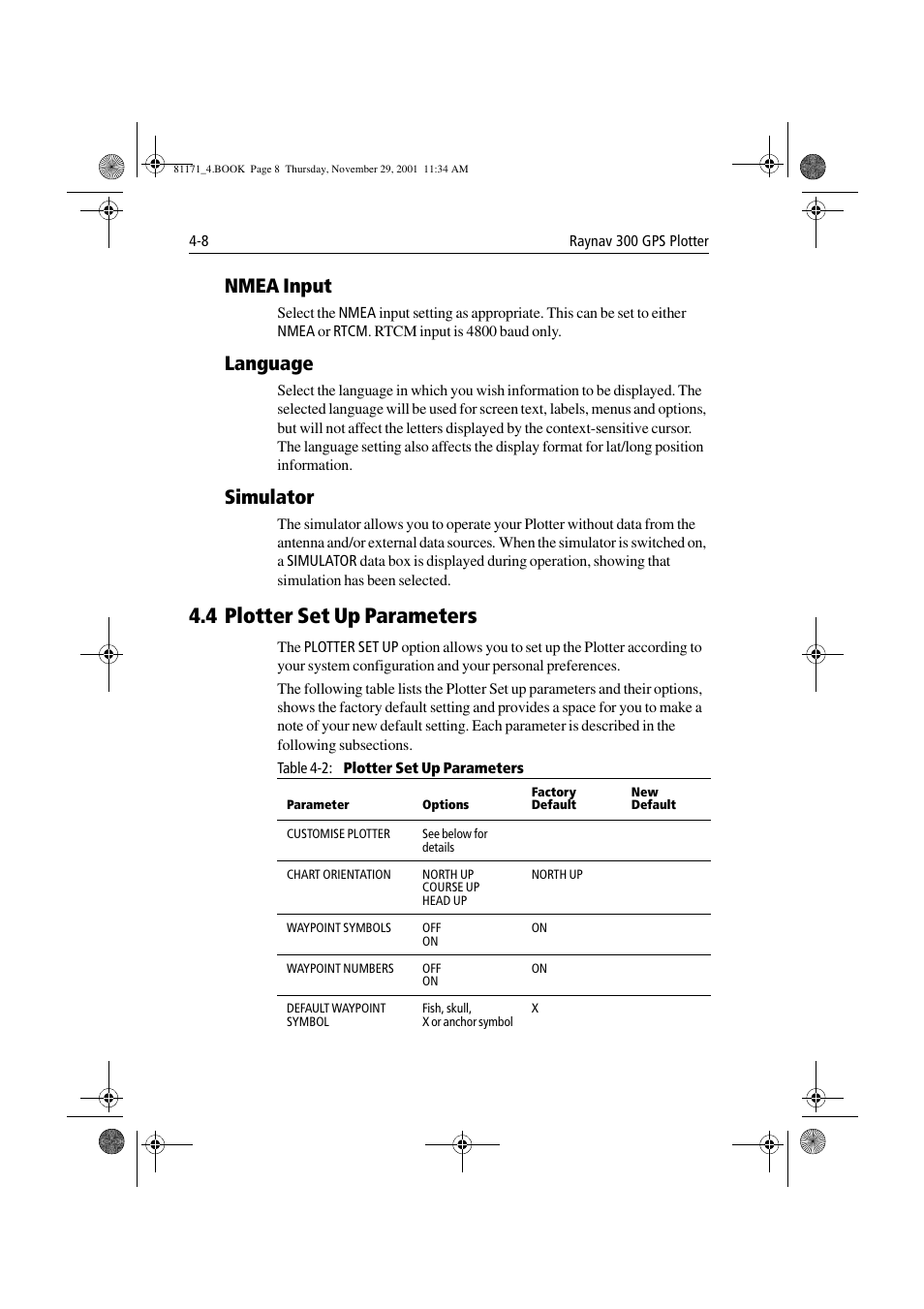 Nmea input, Language, Simulator | 4 plotter set up parameters, Nmea input -8 language -8 simulator -8, 4 plotter set up parameters -8 | Raymarine GPS Plotter User Manual | Page 85 / 131