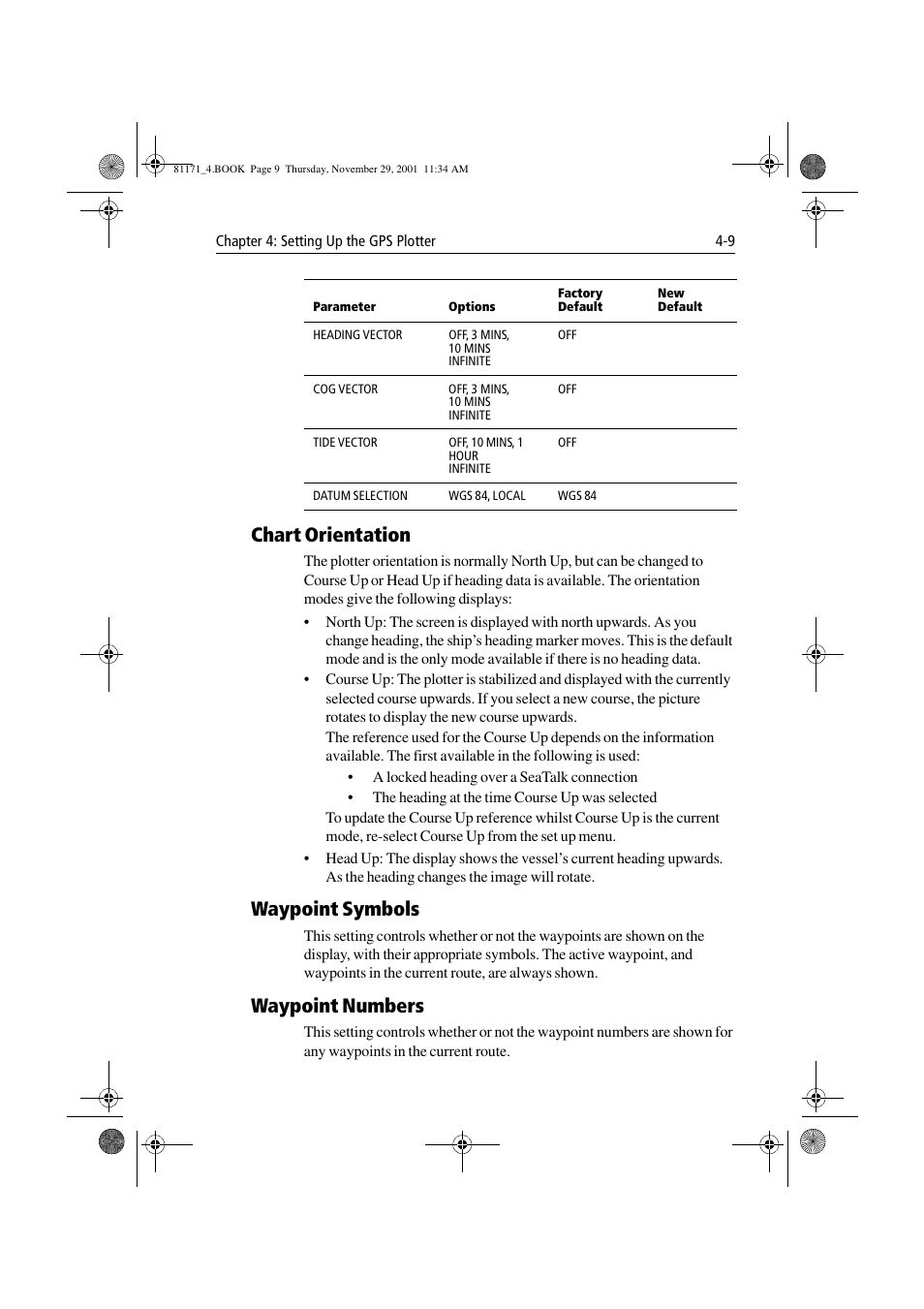 Chart orientation, Waypoint symbols, Waypoint numbers | Raymarine GPS Plotter User Manual | Page 86 / 131