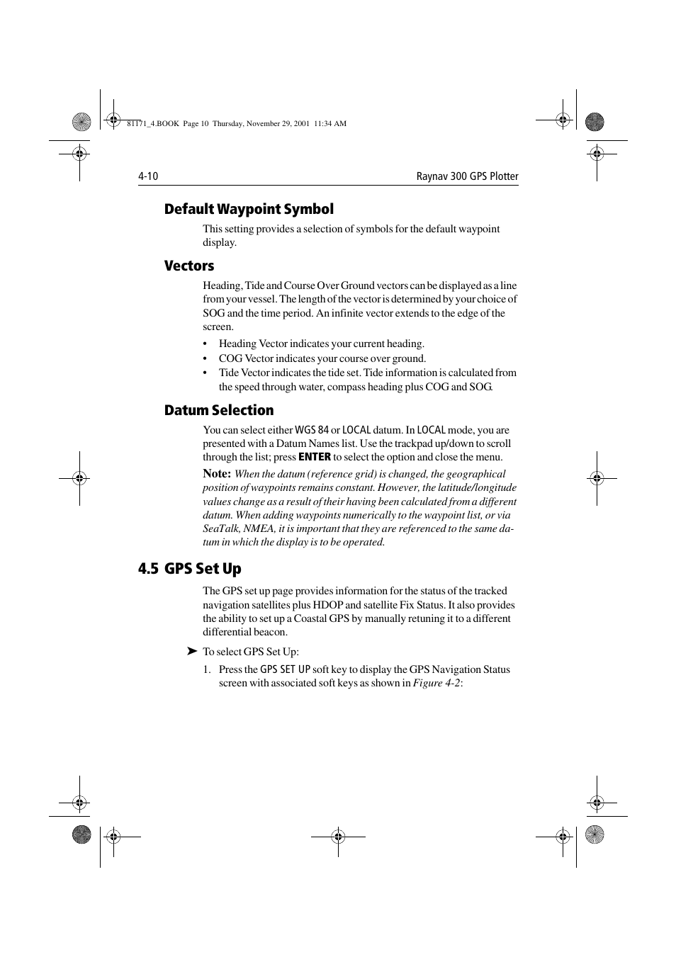 Default waypoint symbol, Vectors, Datum selection | 5 gps set up, 5 gps set up -10 | Raymarine GPS Plotter User Manual | Page 87 / 131