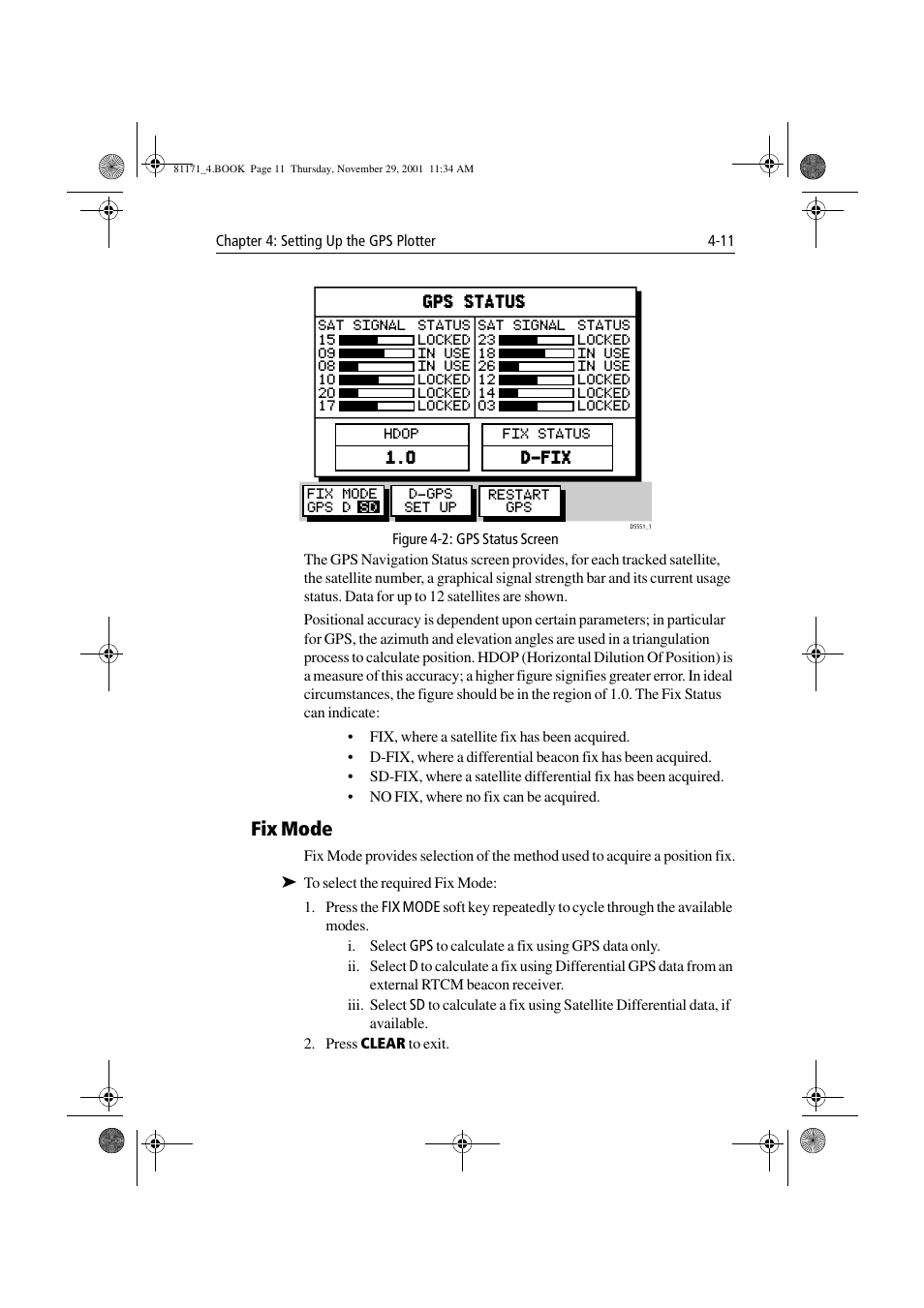 Figure 4-2: gps status screen, Fix mode, Fix mode -11 | Raymarine GPS Plotter User Manual | Page 88 / 131