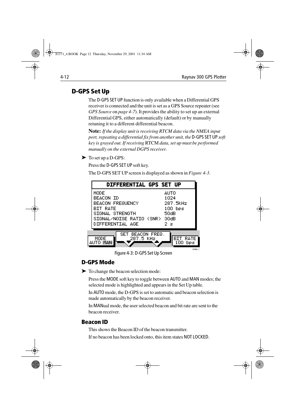 D-gps set up, Figure 4-3: d-gps set up screen, D-gps mode | Beacon id, D-gps set up -12 | Raymarine GPS Plotter User Manual | Page 89 / 131
