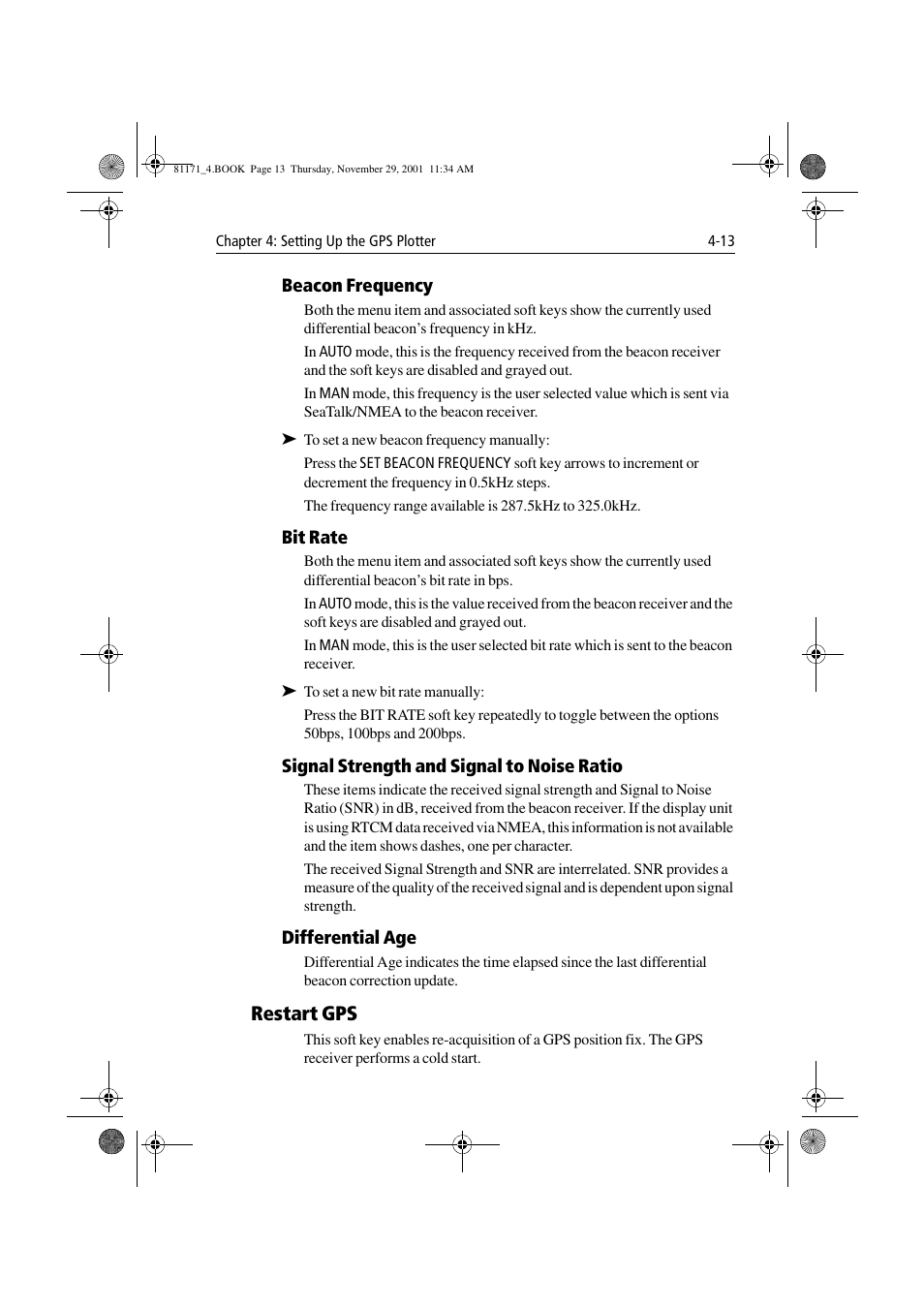 Beacon frequency, Bit rate, Signal strength and signal to noise ratio | Differential age, Restart gps, Restart gps -13 | Raymarine GPS Plotter User Manual | Page 90 / 131