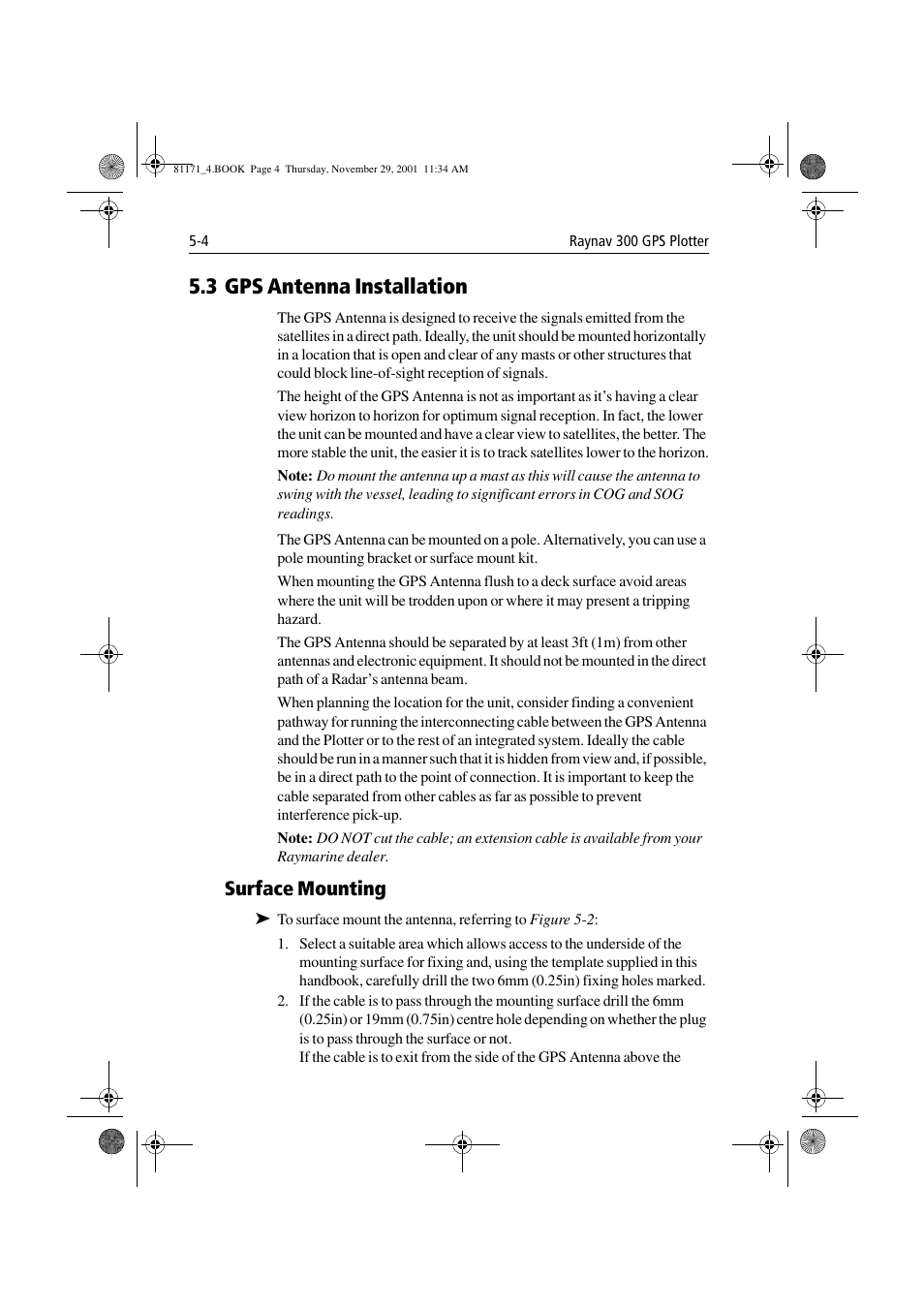 3 gps antenna installation, Surface mounting, 3 gps antenna installation -4 | Surface mounting -4 | Raymarine GPS Plotter User Manual | Page 95 / 131