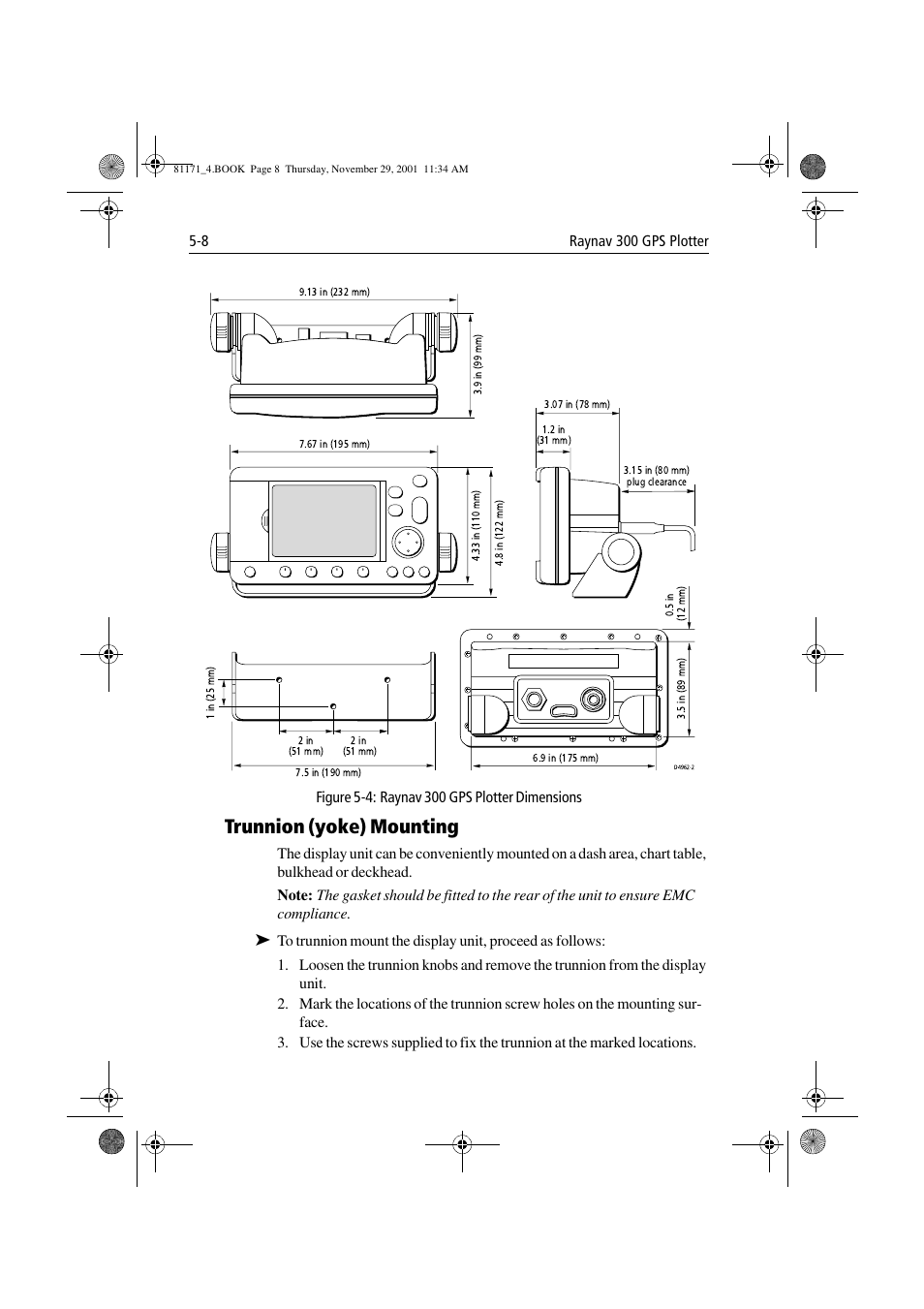 Figure 5-4: raynav 300 gps plotter dimensions, Trunnion (yoke) mounting, Trunnion (yoke) mounting -8 | Raymarine GPS Plotter User Manual | Page 99 / 131