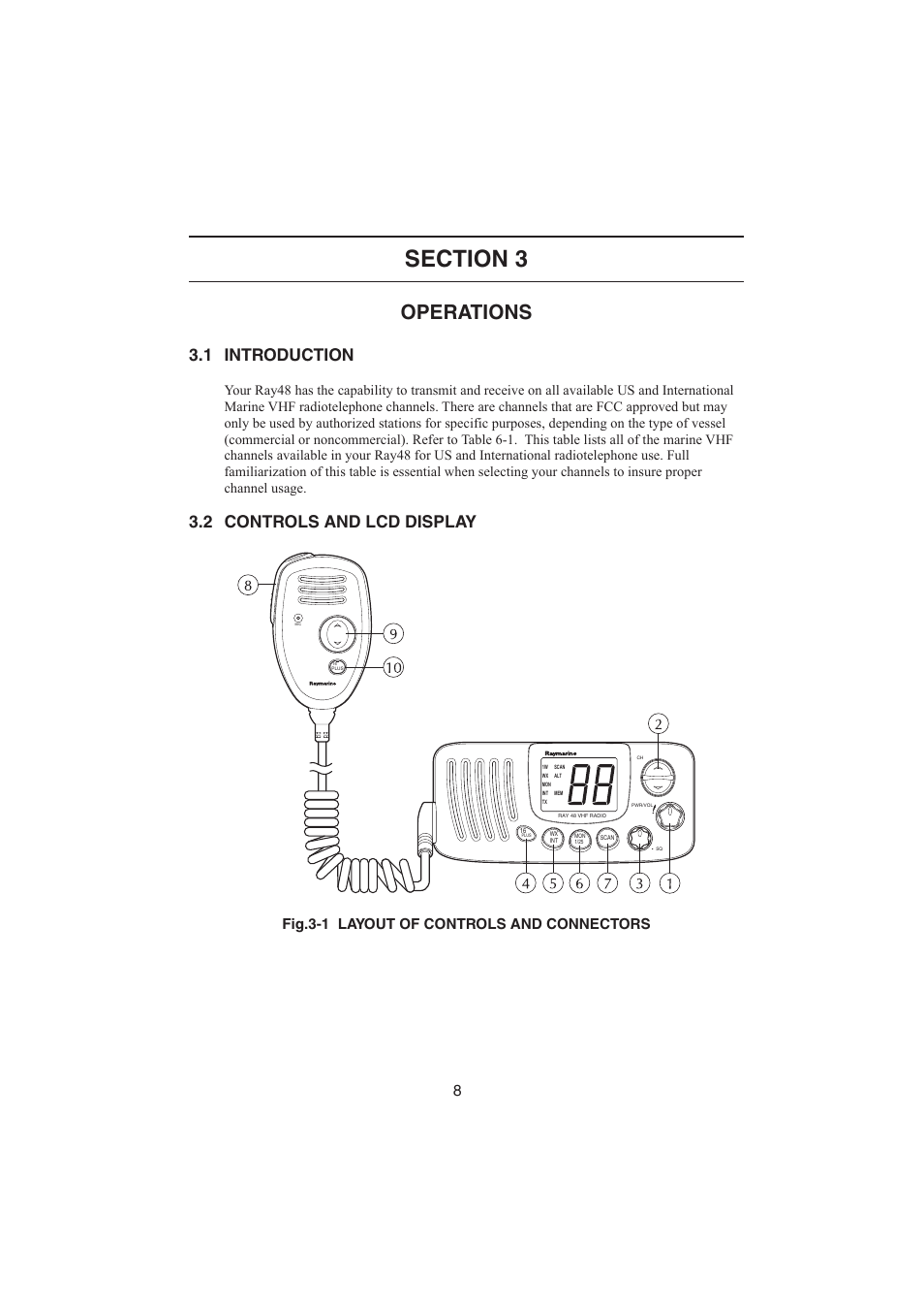 Section 3: operations, 1 introduction, 2 controls and lcd display | Operations, Fig.3-1 layout of controls and connectors | Raymarine Ray48 User Manual | Page 13 / 42