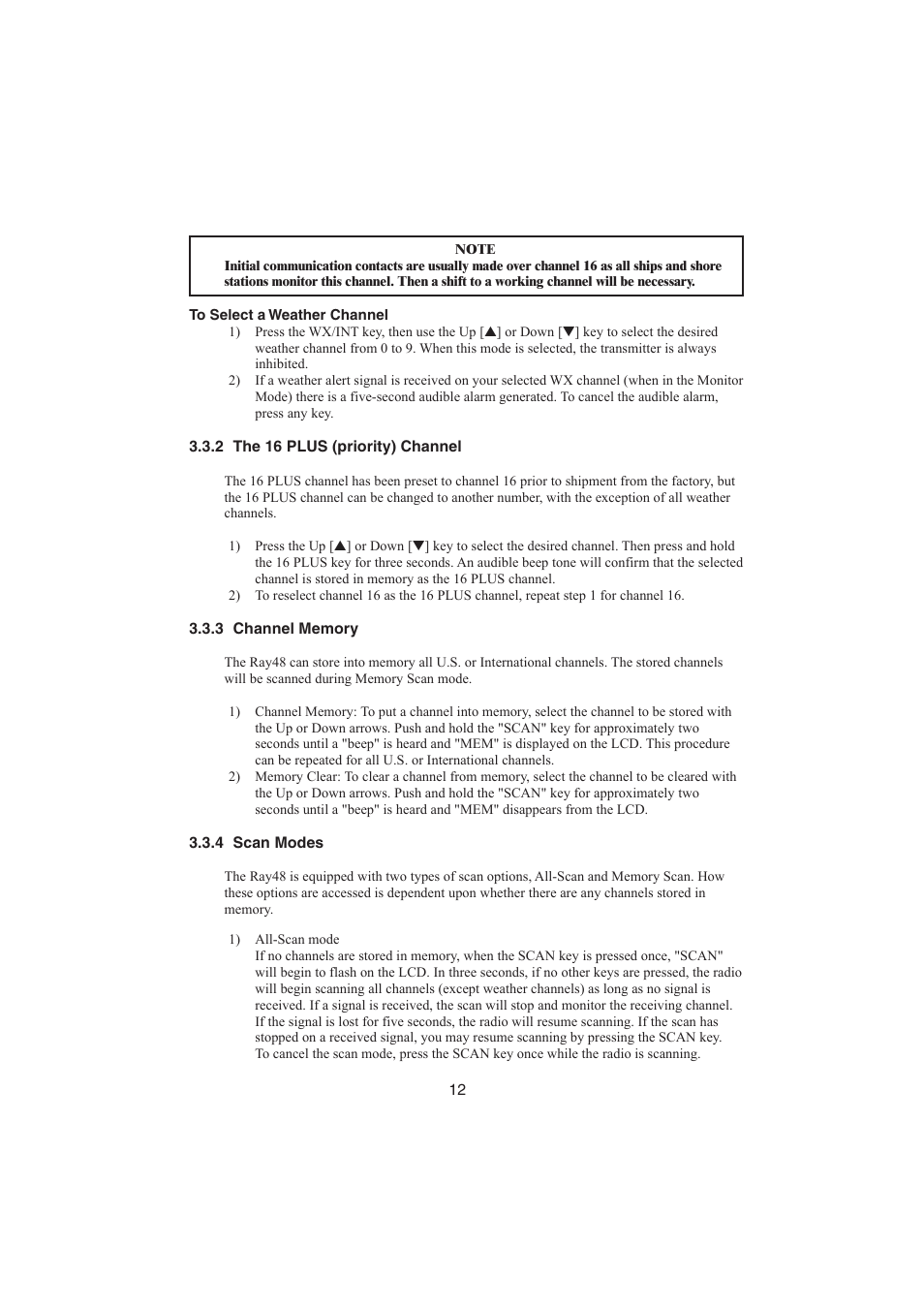 2 the 16 plus (priority) channel, 3 channel memory, 4 scan modes | Raymarine Ray48 User Manual | Page 17 / 42
