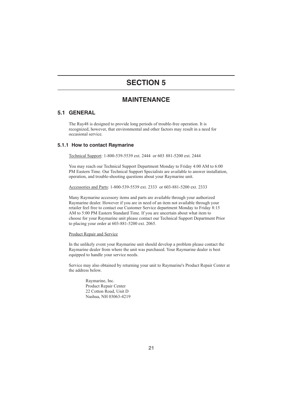 Section 5: maintenance, 1 general, 1 how to contact raymarine | Maintenance | Raymarine Ray48 User Manual | Page 27 / 42