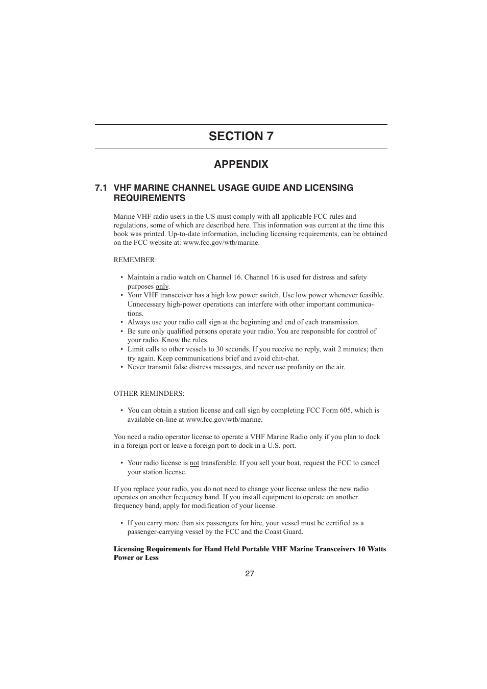 Section 7: appendix, 1 vhf marine licensing, Appendix | Raymarine Ray48 User Manual | Page 33 / 42