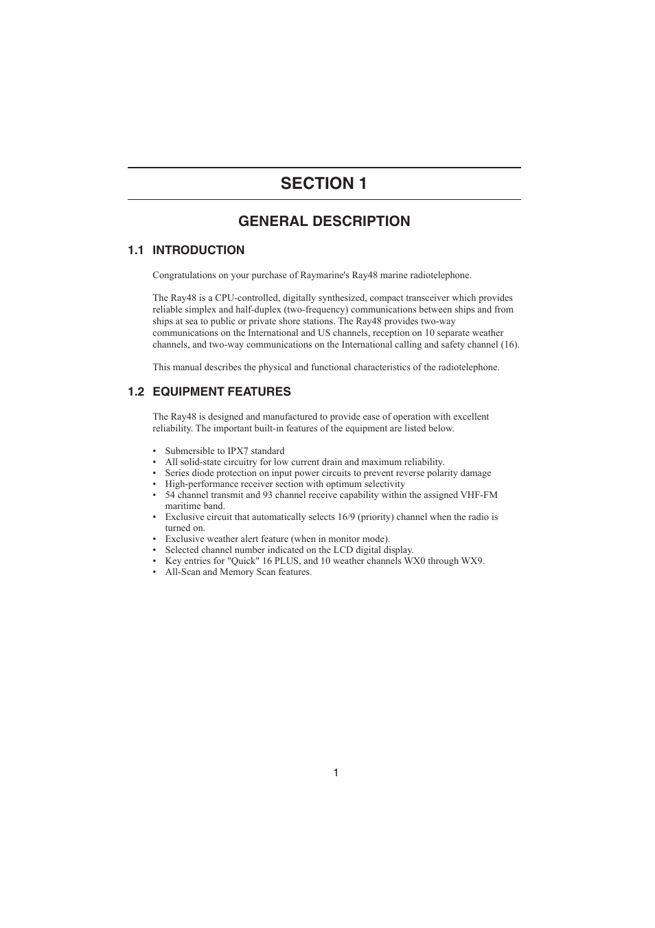 Section 1: general description, 1 introduction, 2 equipment features | General description | Raymarine Ray48 User Manual | Page 6 / 42