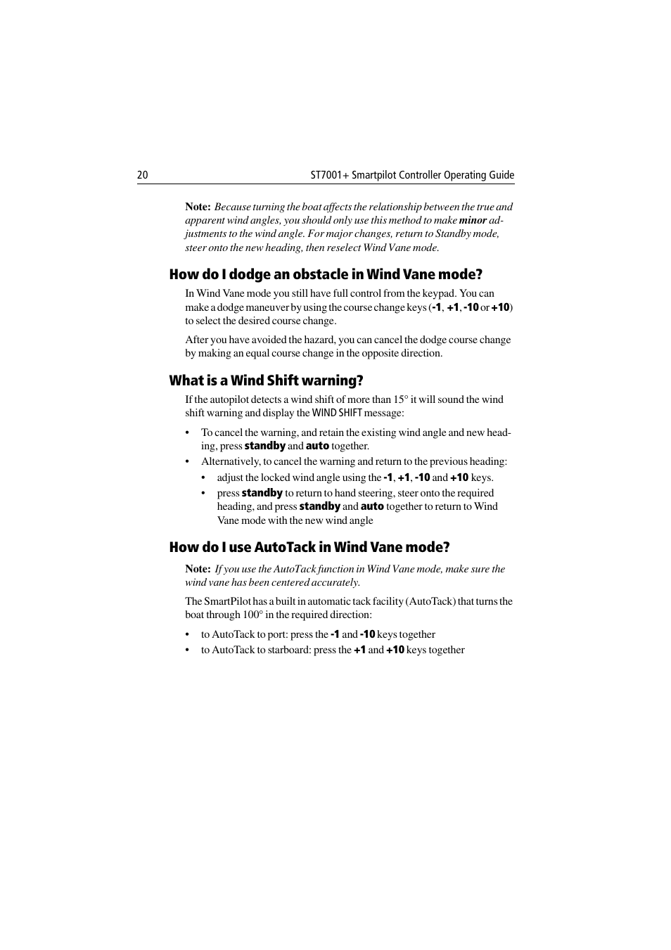 How do i dodge an obstacle in wind vane mode, What is a wind shift warning, How do i use autotack in wind vane mode | Raymarine ST7001 User Manual | Page 26 / 48