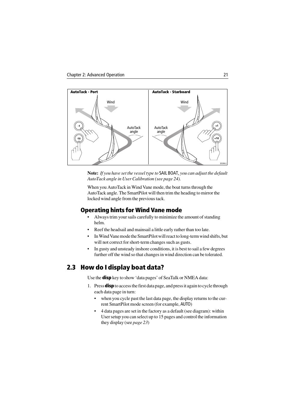 3 how do i display boat data, Operating hints for wind vane mode | Raymarine ST7001 User Manual | Page 27 / 48