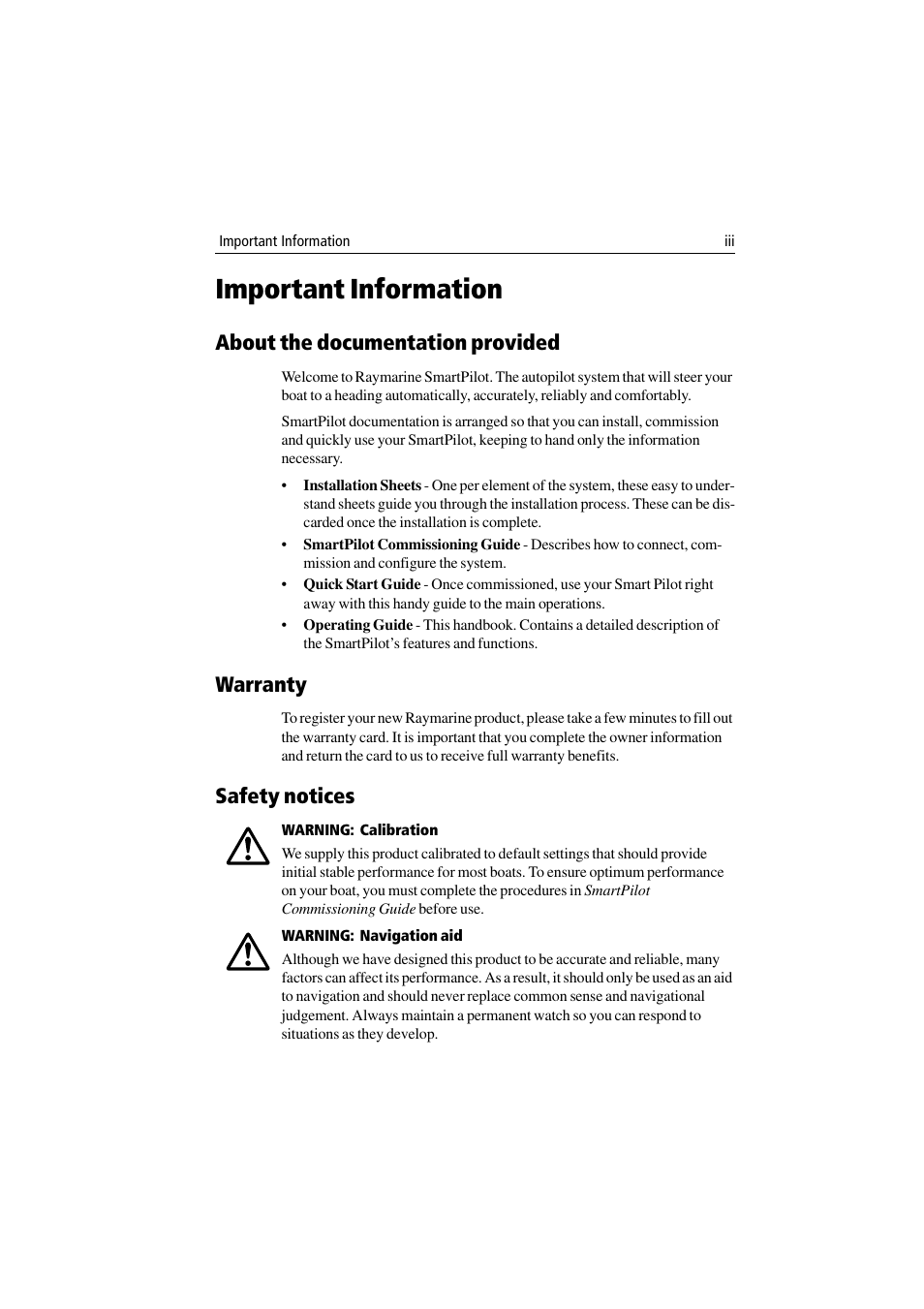 Important information, About the documentation provided, Warranty | Safety notices | Raymarine ST7001 User Manual | Page 3 / 48