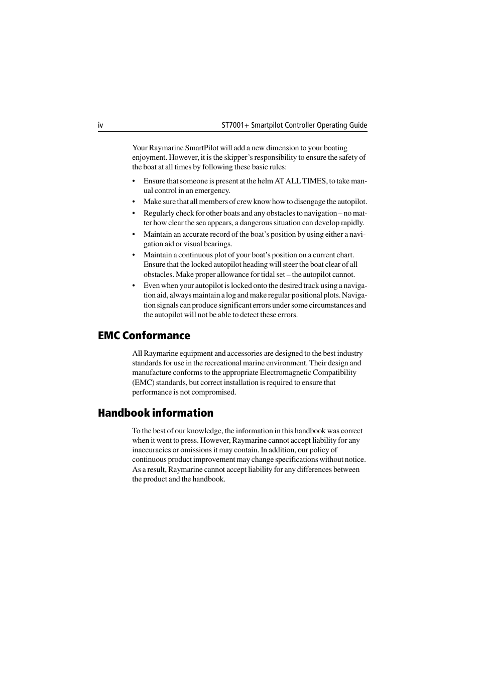 Emc conformance, Handbook information | Raymarine ST7001 User Manual | Page 4 / 48