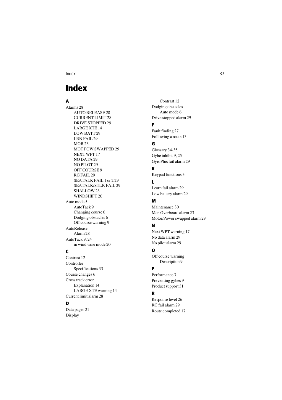 Index | Raymarine ST7001 User Manual | Page 43 / 48