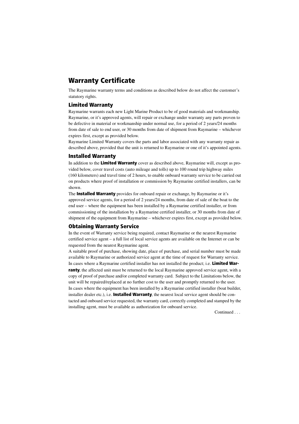 Warranty certificate | Raymarine ST7001 User Manual | Page 45 / 48