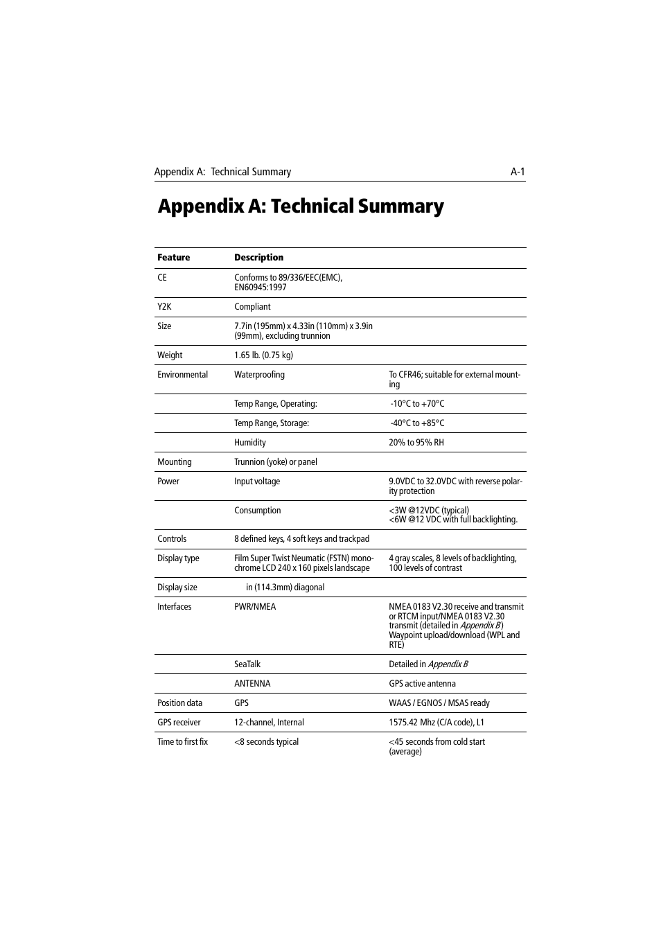 Appendix a: technical summary | Raymarine 300 User Manual | Page 115 / 136