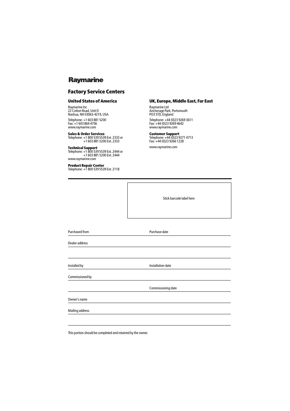 Factory service centers | Raymarine 300 User Manual | Page 135 / 136