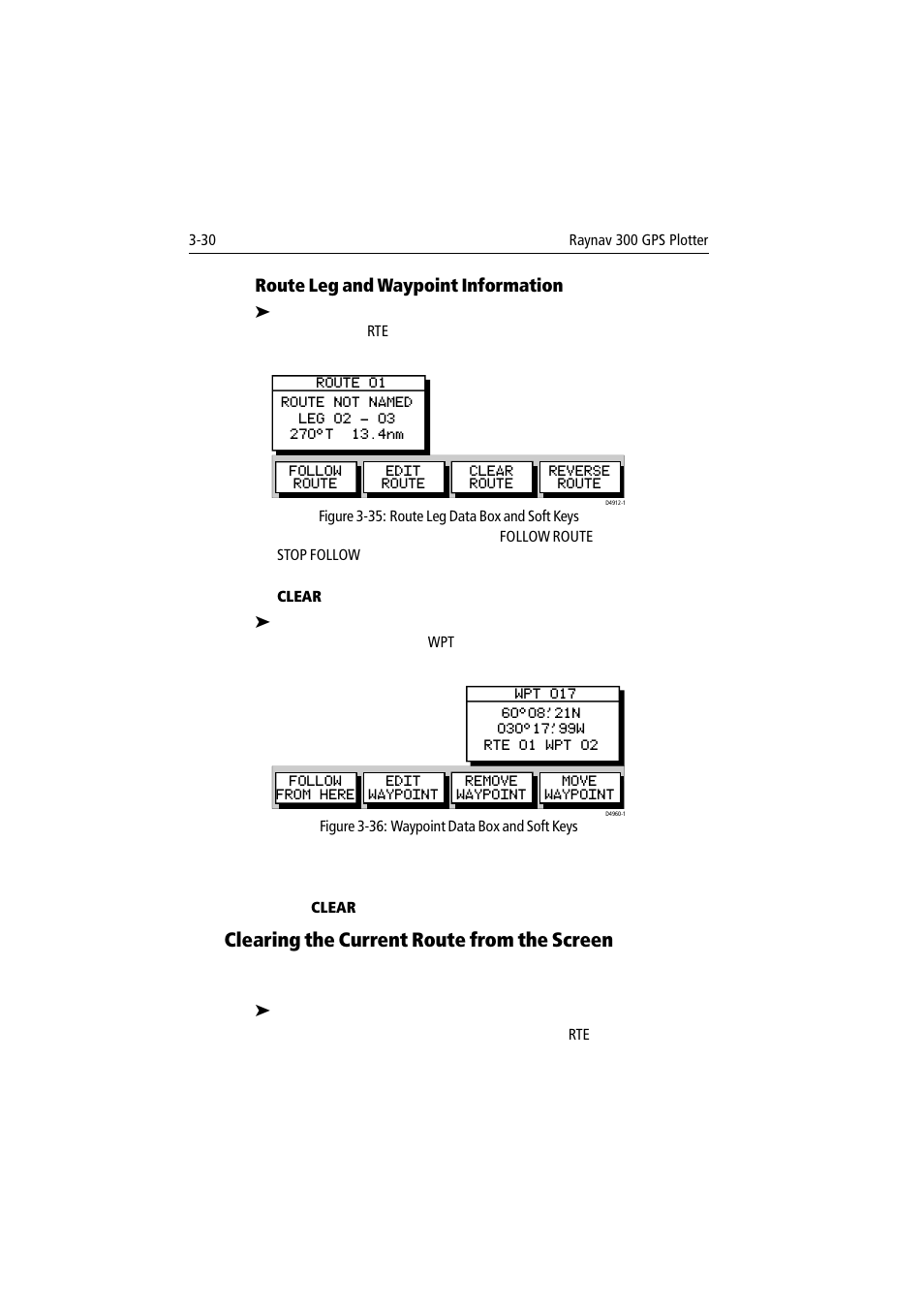 Clearing the current route from the screen, Route leg and waypoint information | Raymarine 300 User Manual | Page 58 / 136