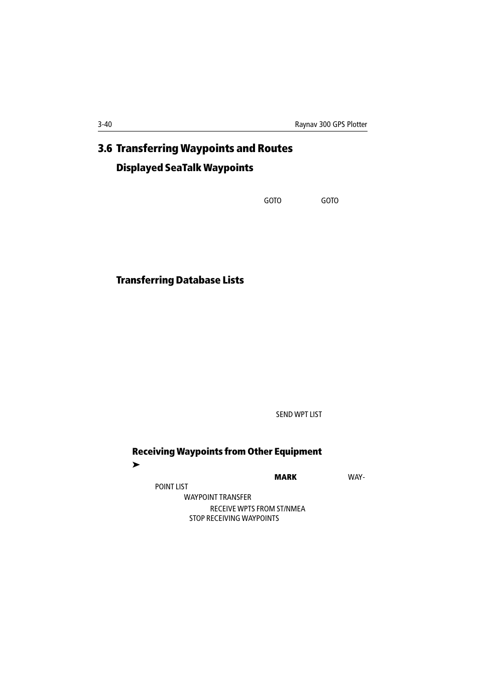 6 transferring waypoints and routes, Displayed seatalk waypoints, Transferring database lists | Raymarine 300 User Manual | Page 68 / 136