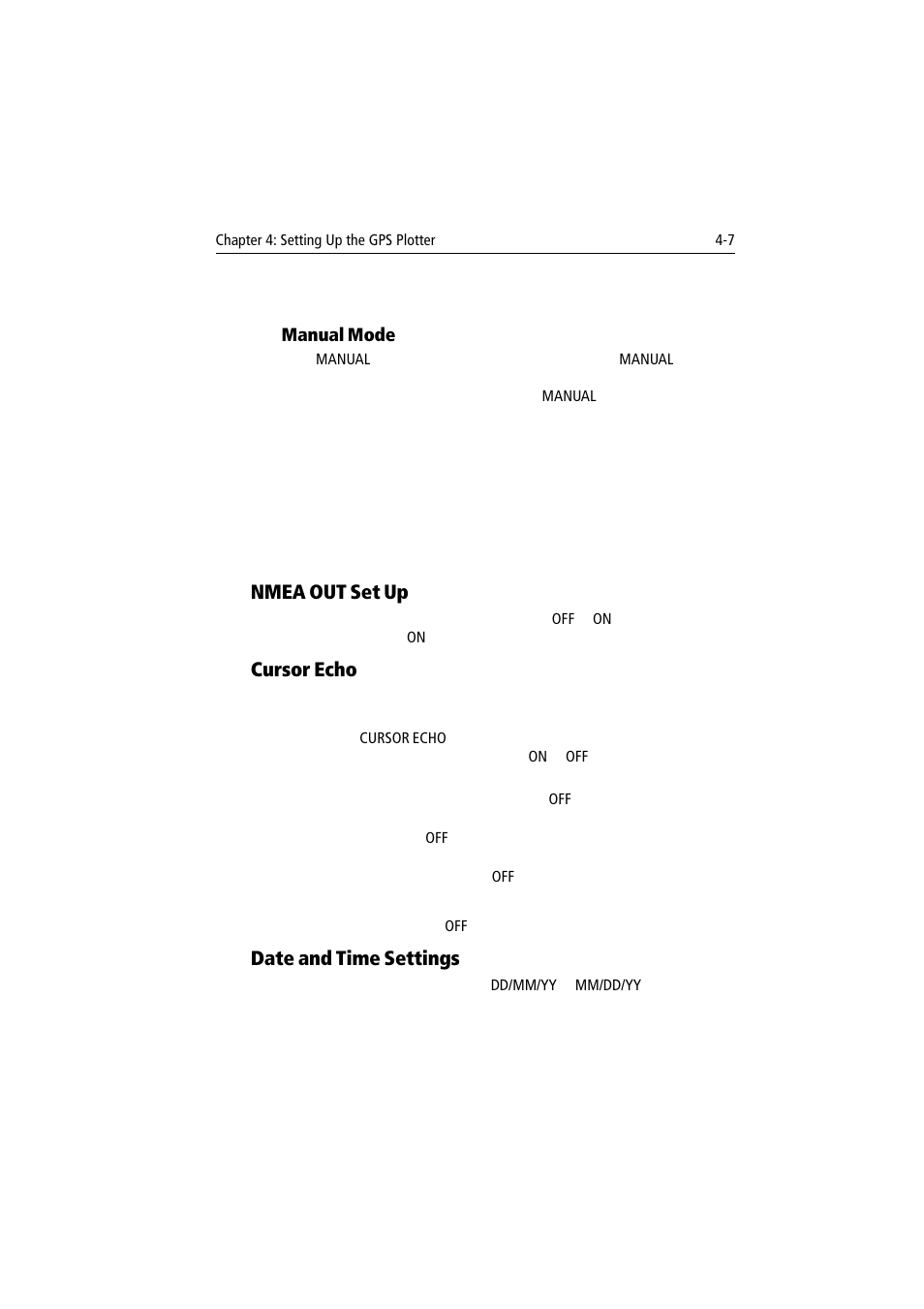 Nmea out set up, Cursor echo, Date and time settings | Raymarine 300 User Manual | Page 85 / 136