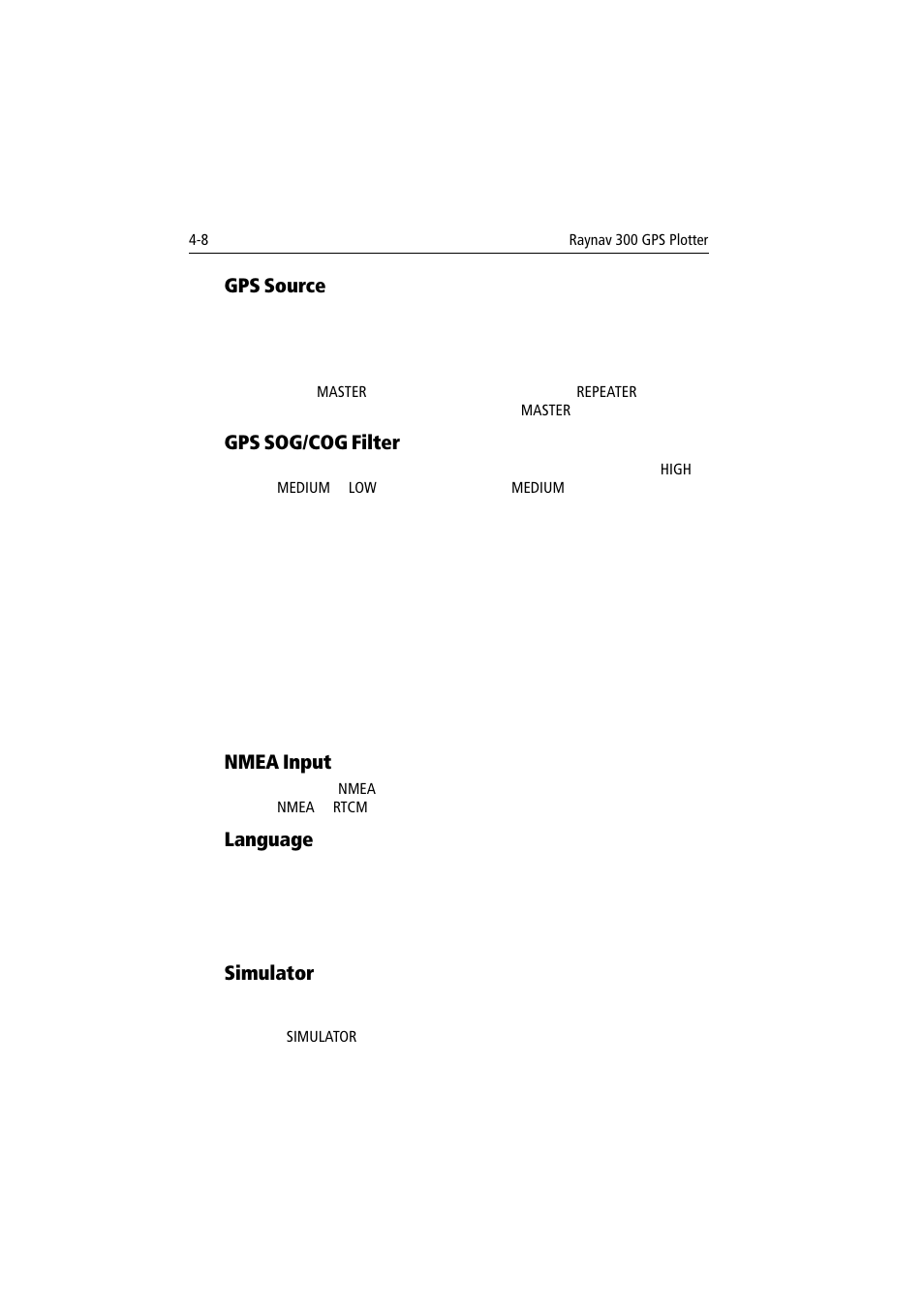 Gps source, Gps sog/cog filter, Nmea input | Language, Simulator | Raymarine 300 User Manual | Page 86 / 136