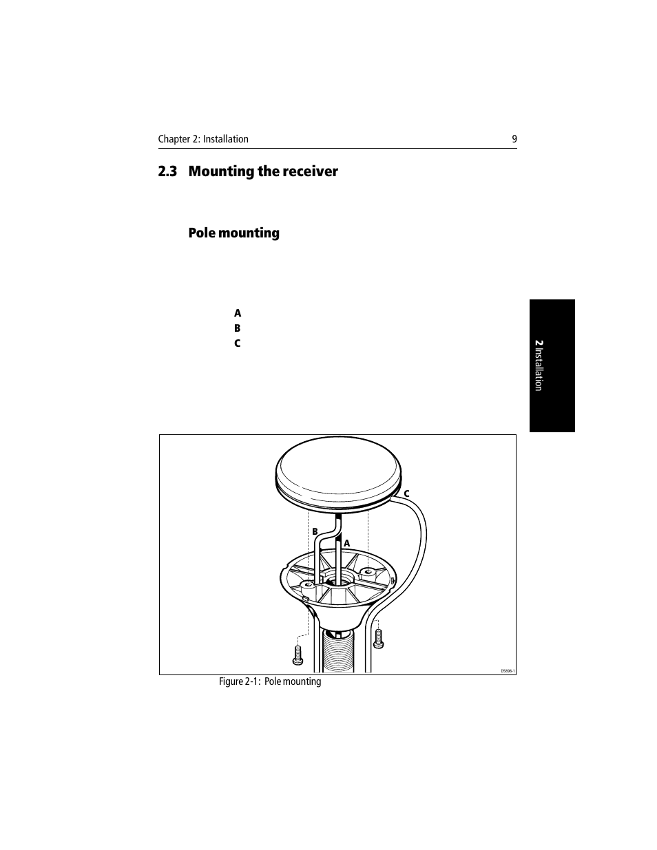 3 mounting the receiver, Pole mounting, Mounting the receiver pole mounting | Section 2.3, mounting the receiver | Raymarine Raystar 120 User Manual | Page 15 / 30