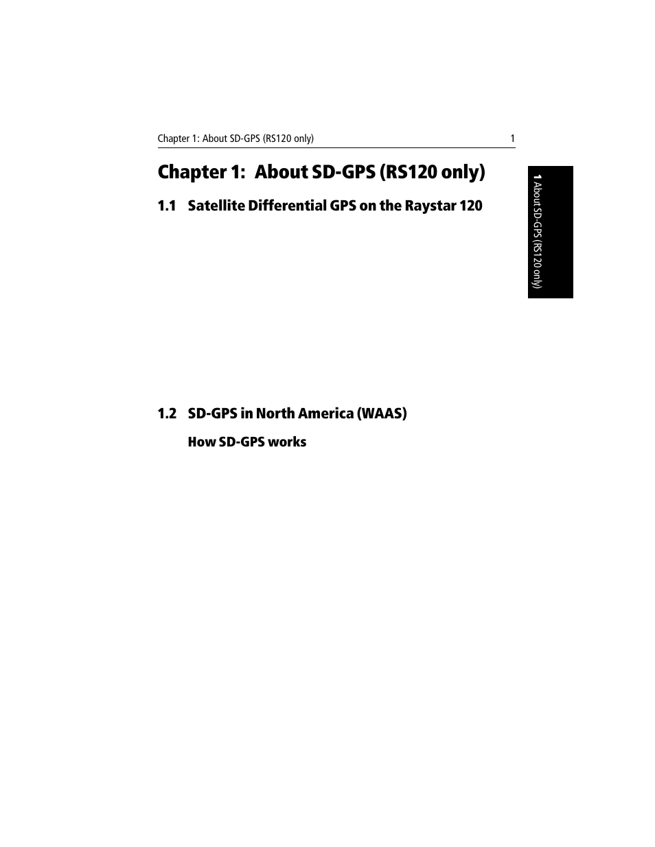 Chapter 1: about sd-gps (rs120 only), 1 satellite differential gps on the raystar 120, 2 sd-gps in north america (waas) | How sd-gps works, Chapter 1, About sd-gps (rs120 only) 1.1, Satellite differential gps on the raystar 120, Sd-gps in north america (waas) how sd-gps works, See chapter 1: about sd-gps (rs120 only) | Raymarine Raystar 120 User Manual | Page 7 / 30