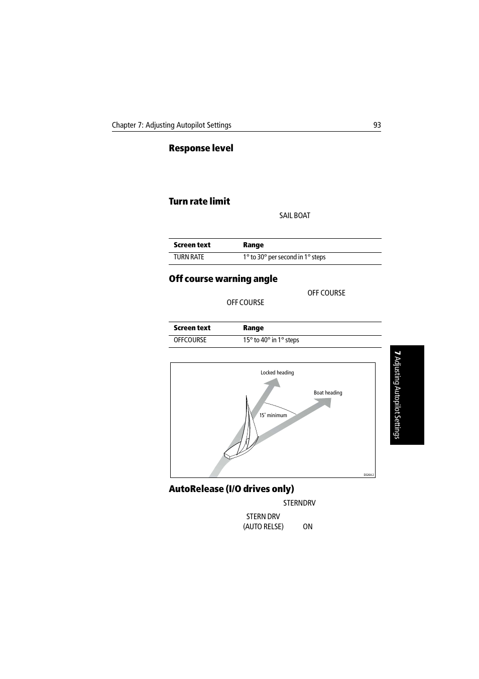 Response level, Turn rate limit, Off course warning angle | Autorelease (i/o drives only) | Raymarine autopilot User Manual | Page 106 / 137