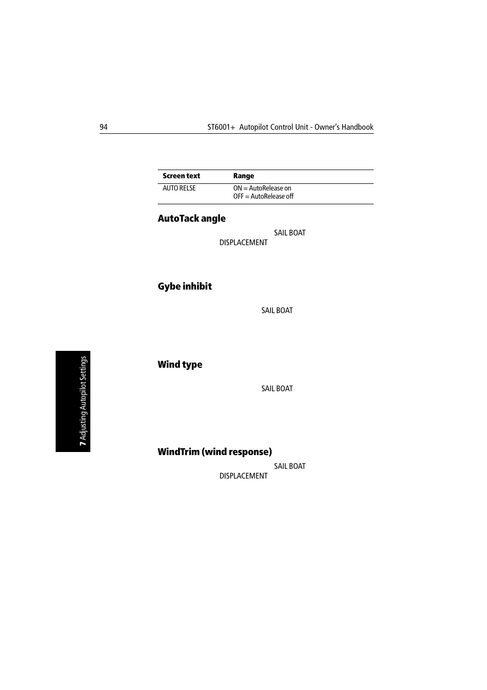 Autotack angle, Gybe inhibit, Wind type | Windtrim (wind response) | Raymarine autopilot User Manual | Page 107 / 137