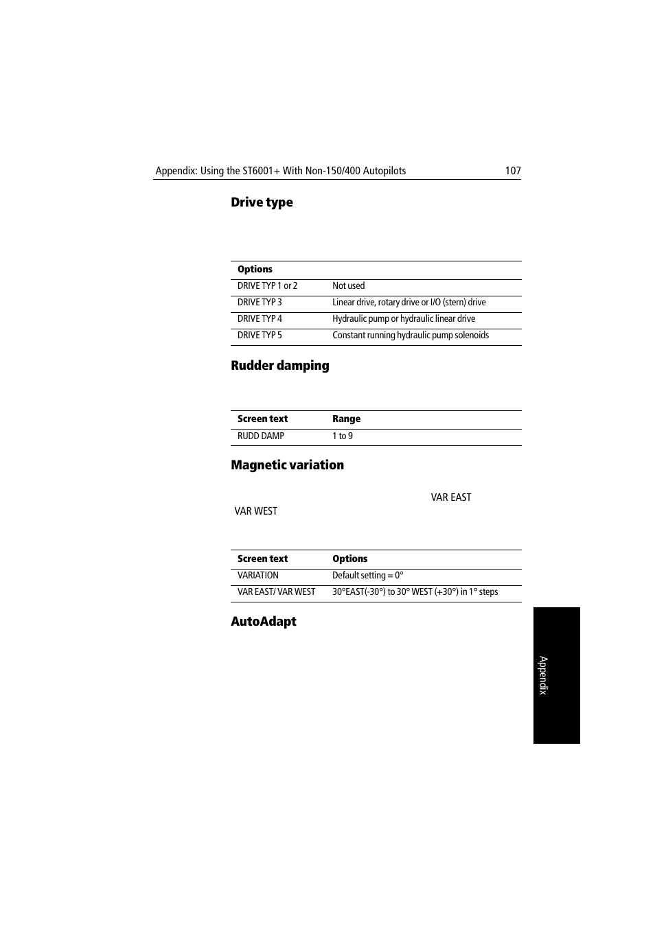 Drive type, Rudder damping, Magnetic variation | Autoadapt | Raymarine autopilot User Manual | Page 120 / 137