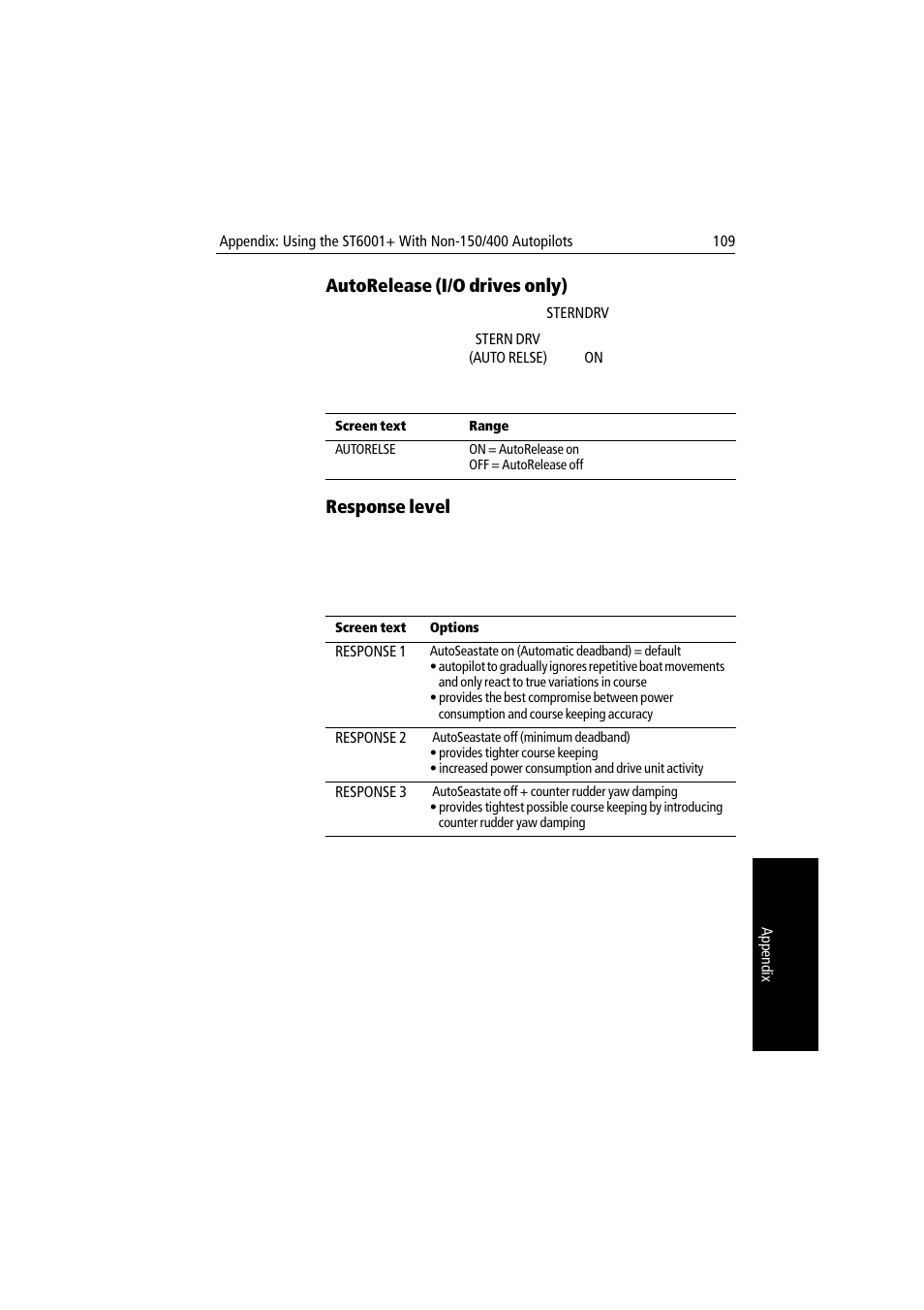 Autorelease (i/o drives only), Response level | Raymarine autopilot User Manual | Page 122 / 137
