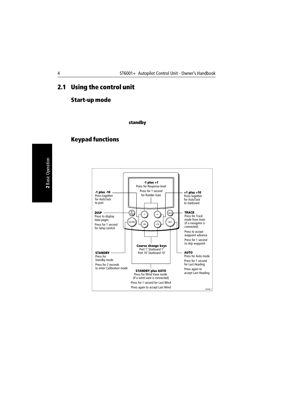 1 using the control unit, Start-up mode, Keypad functions | Start-up mode keypad functions, Using the control unit | Raymarine autopilot User Manual | Page 17 / 137